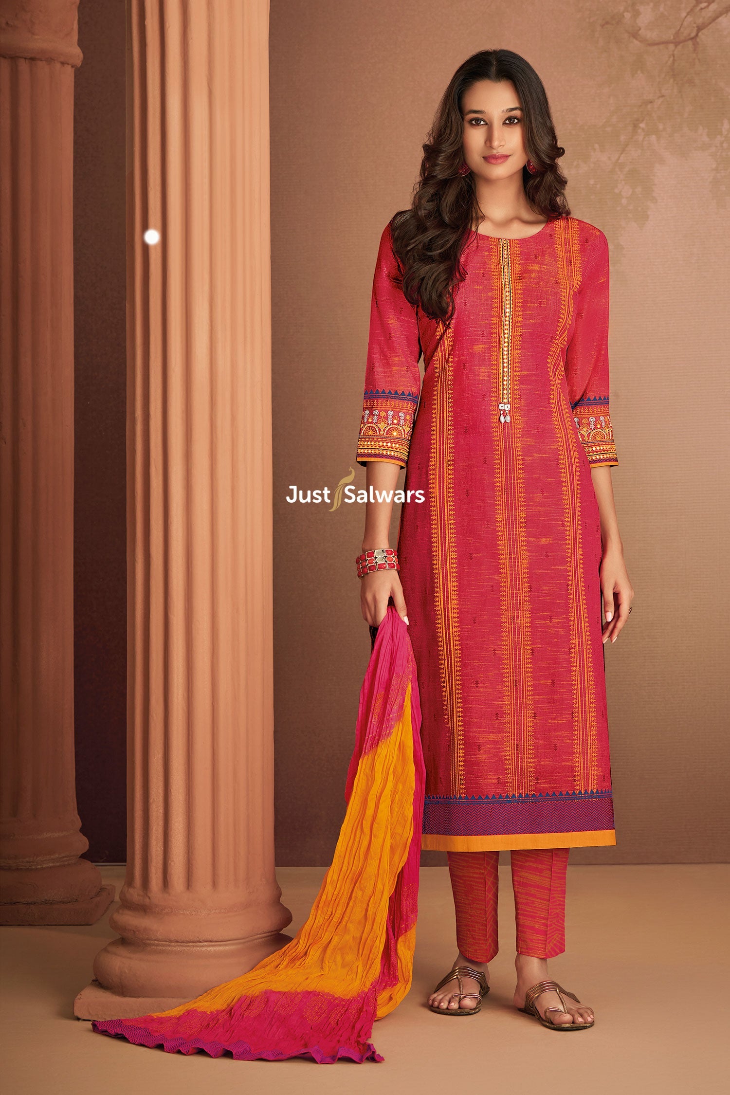 Tomato Color Salwar Suit With Dupatta - Salwar Suit - Just Salwars