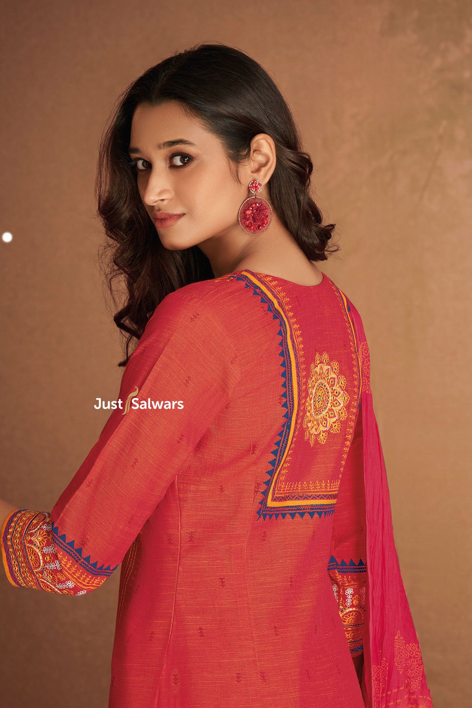 Tomato Color Salwar Suit With Dupatta - Salwar Suit - Just Salwars