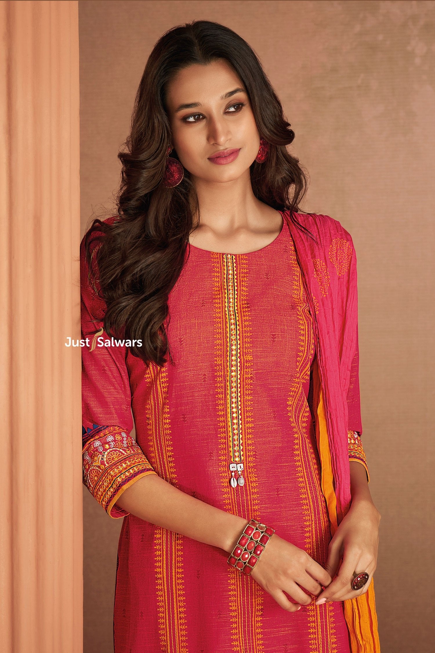 Tomato Color Salwar Suit With Dupatta - Salwar Suit - Just Salwars