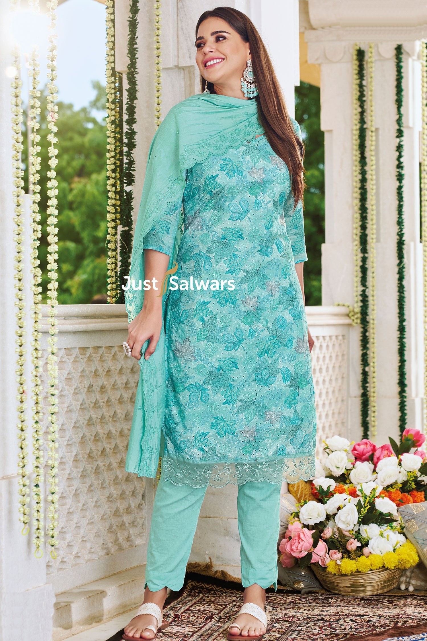 Turquoise Color Cotton Dress Material - Dress Material - Just Salwars