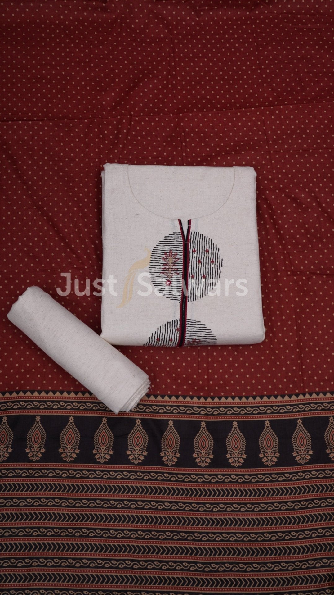 White And Maroon Color Cotton Dress Material - Dress Material - Just Salwars