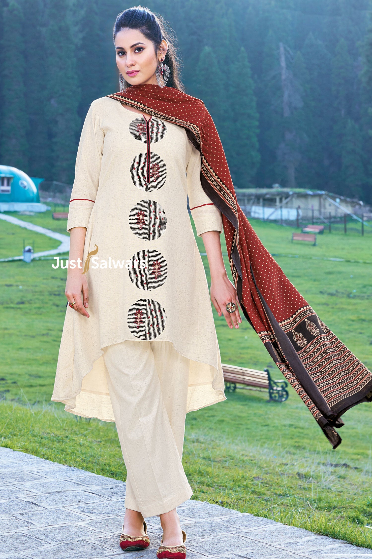 White And Maroon Color Cotton Dress Material - Dress Material - Just Salwars