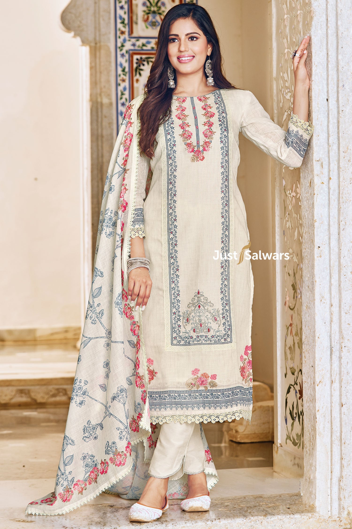 White Color Cotton Dress Material - Dress Material - Just Salwars