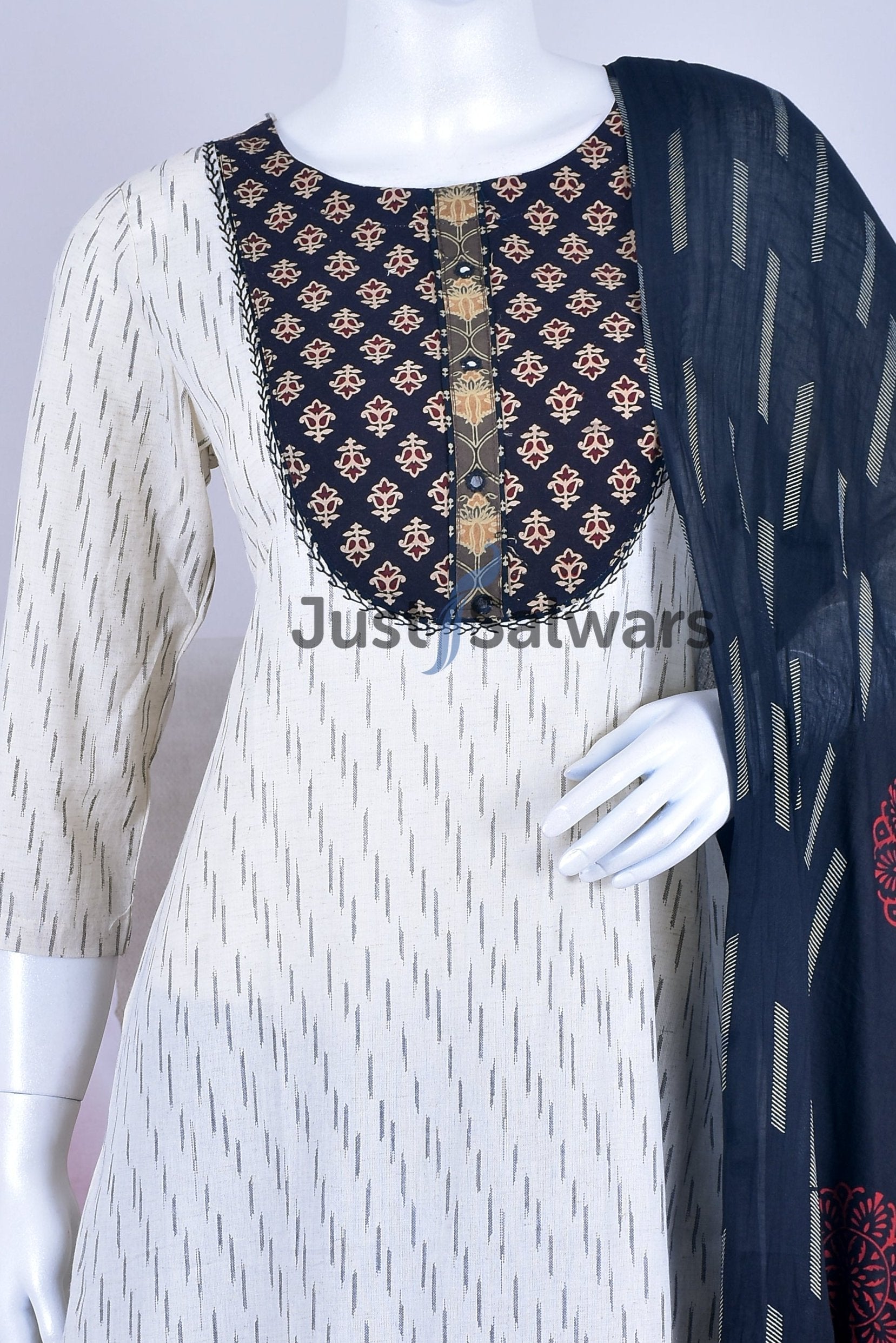 White Color Cotton Suit Set - Dress Material - Just Salwars