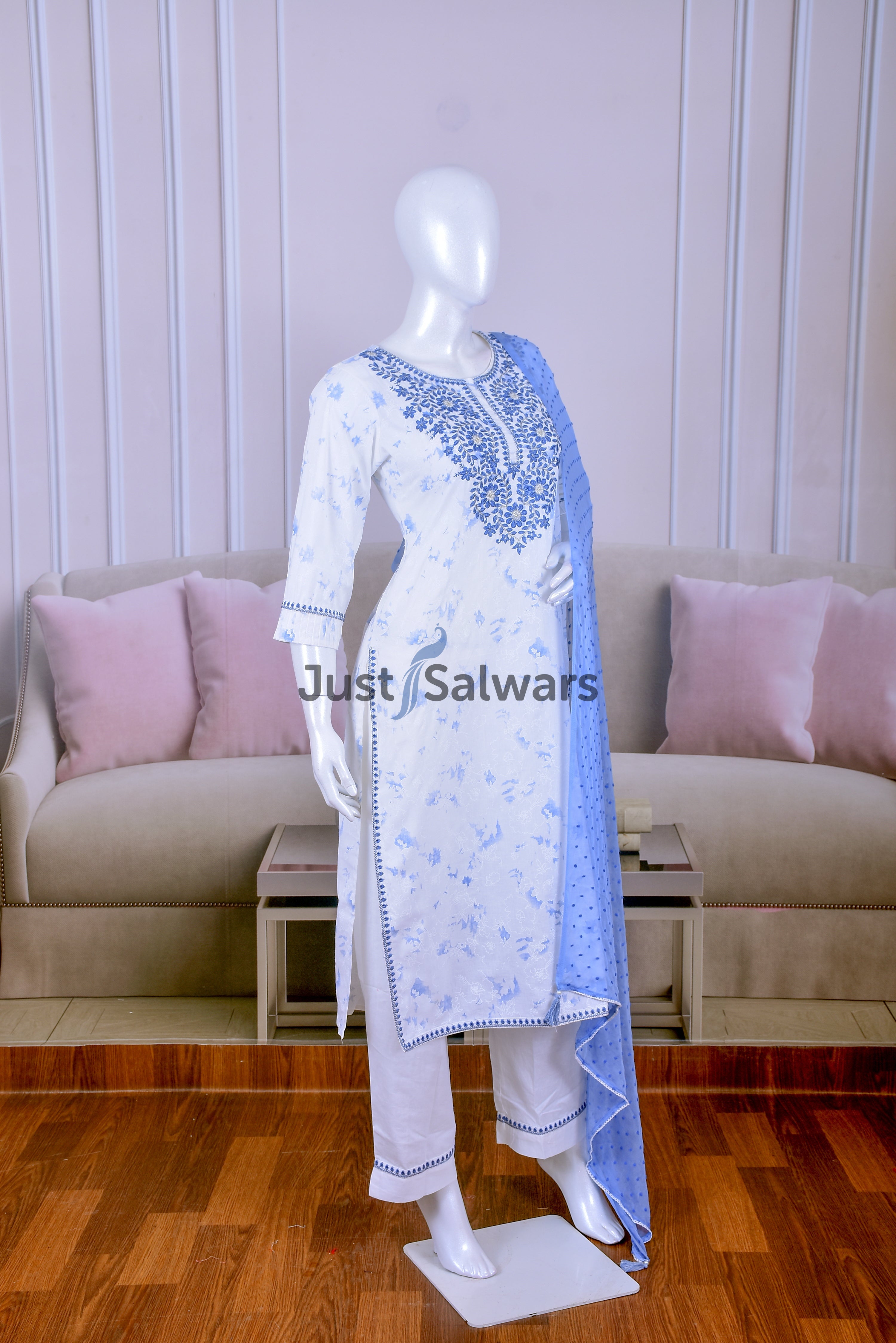 White Color Cotton Suit Set - Salwar Suit - Just Salwars