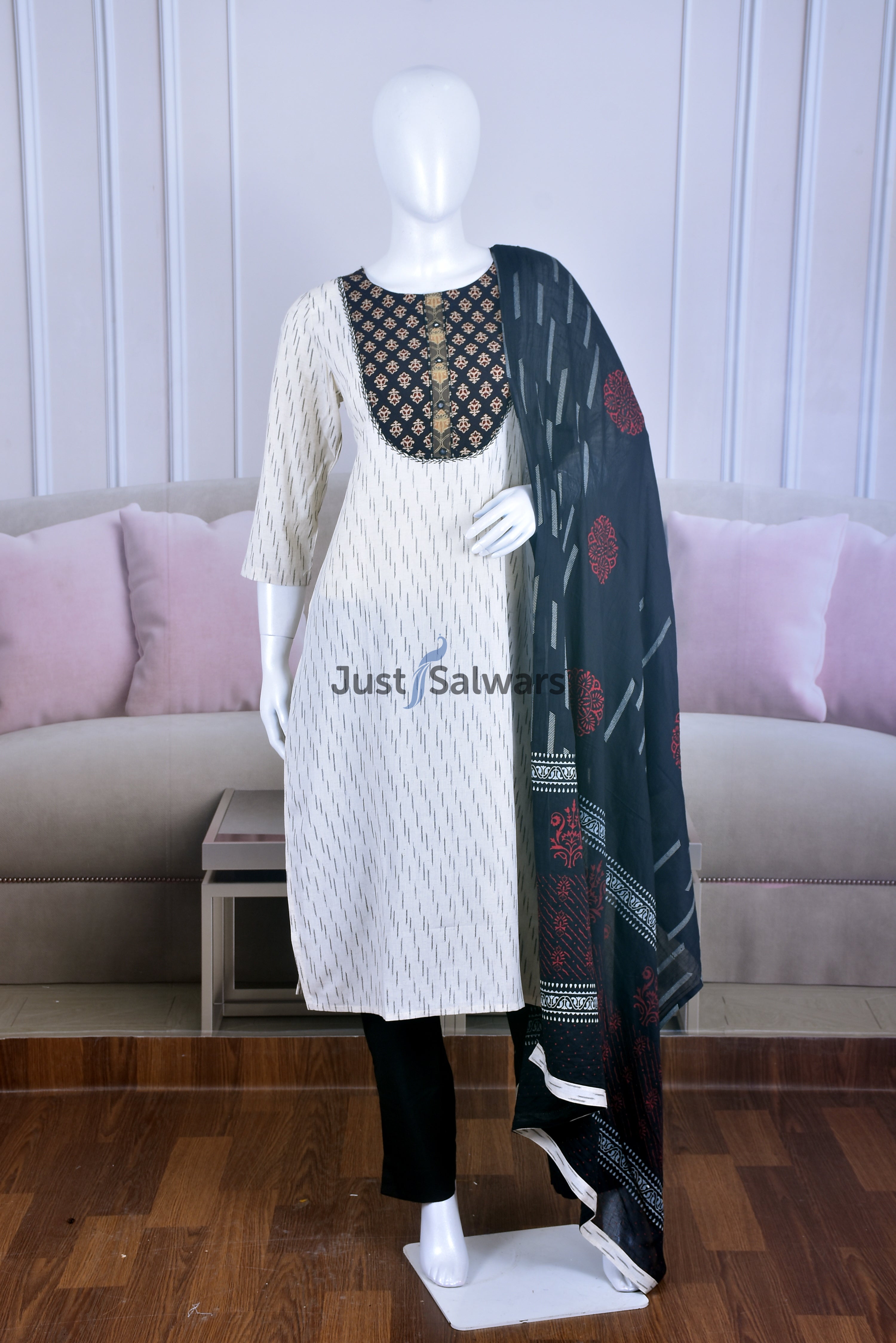 White Color Cotton Suit Set - Dress Material - Just Salwars