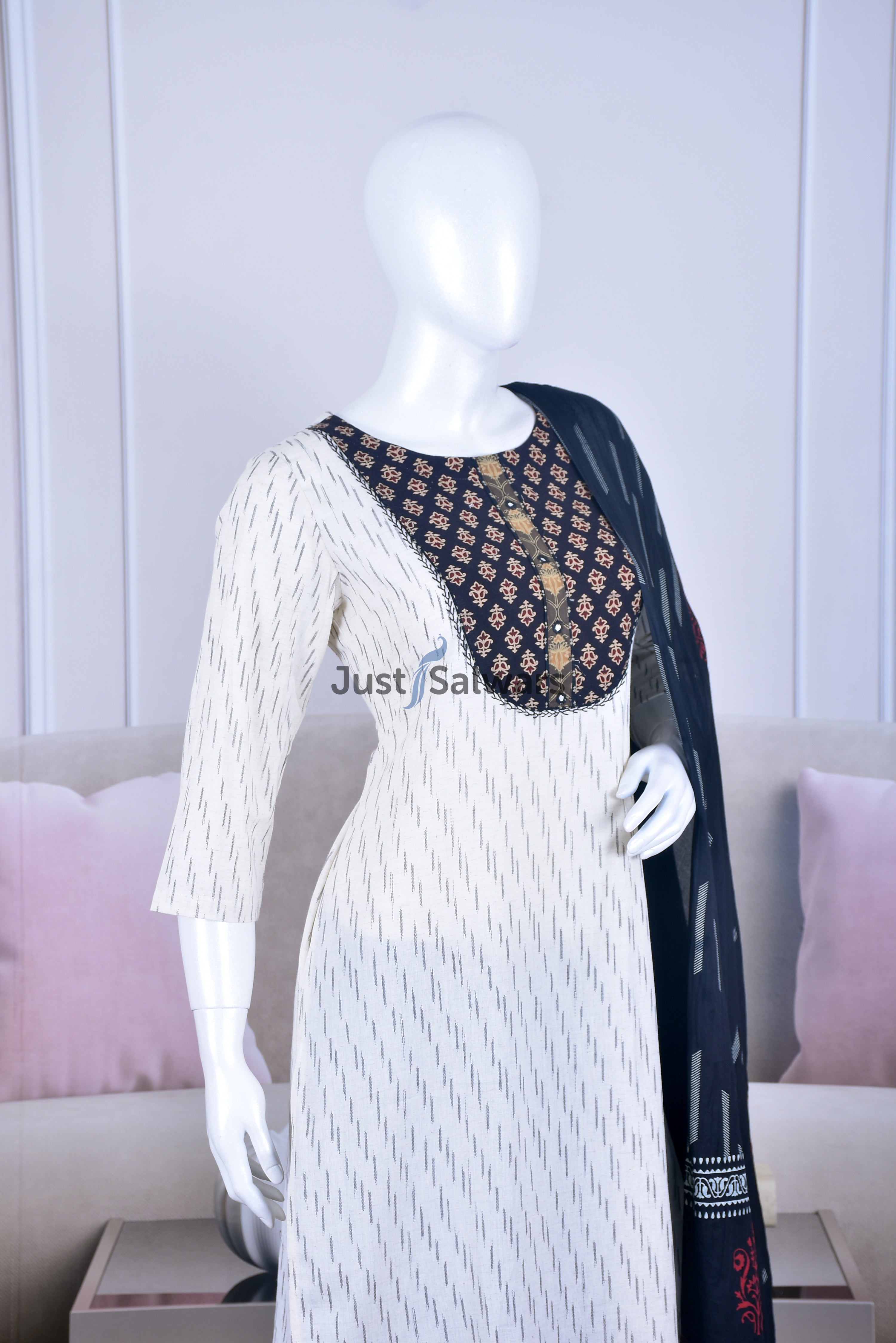 White Color Cotton Suit Set - Dress Material - Just Salwars