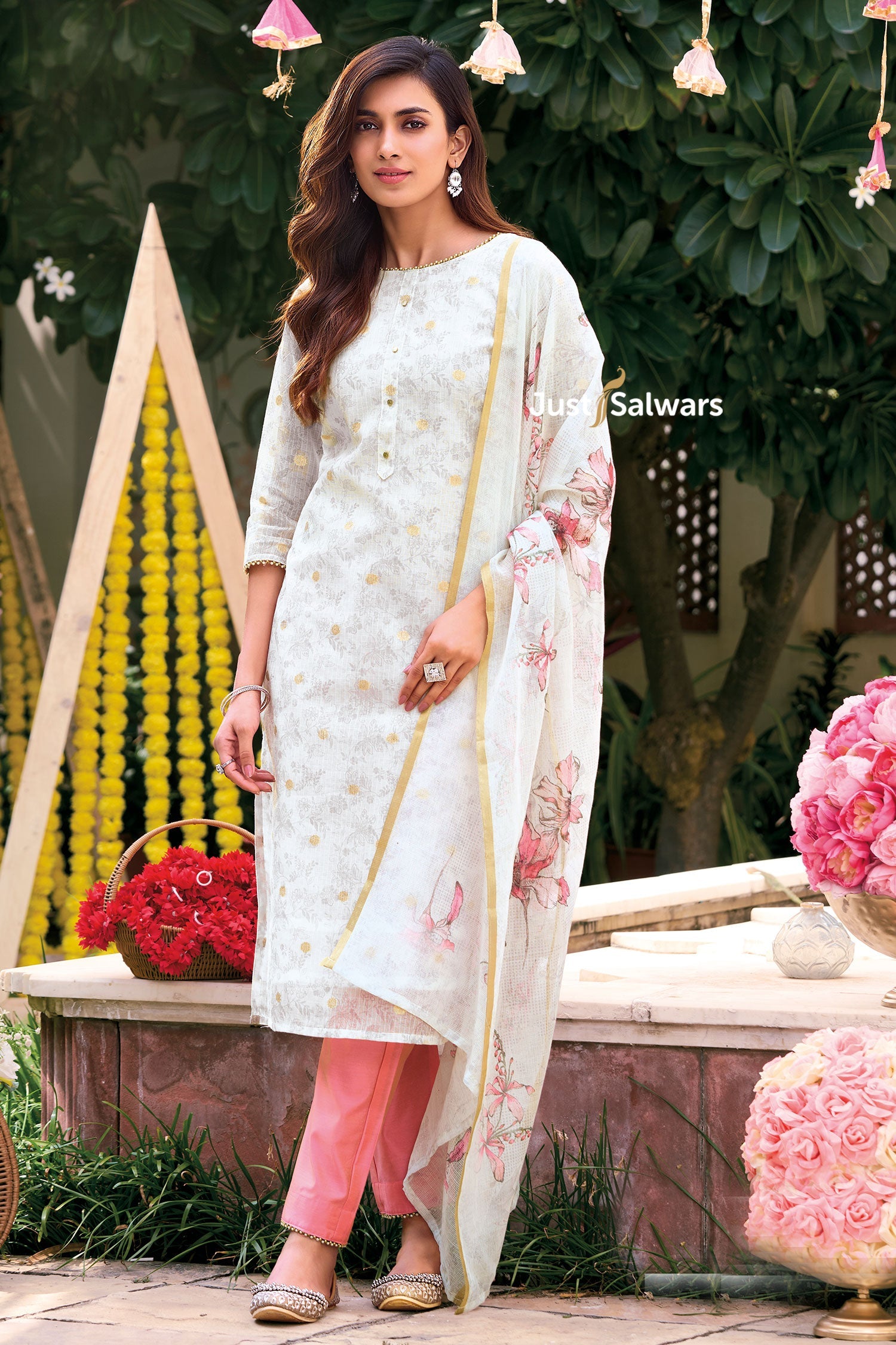 White Kota Cotton Floral Print Dress Material - Dress Material - Just Salwars