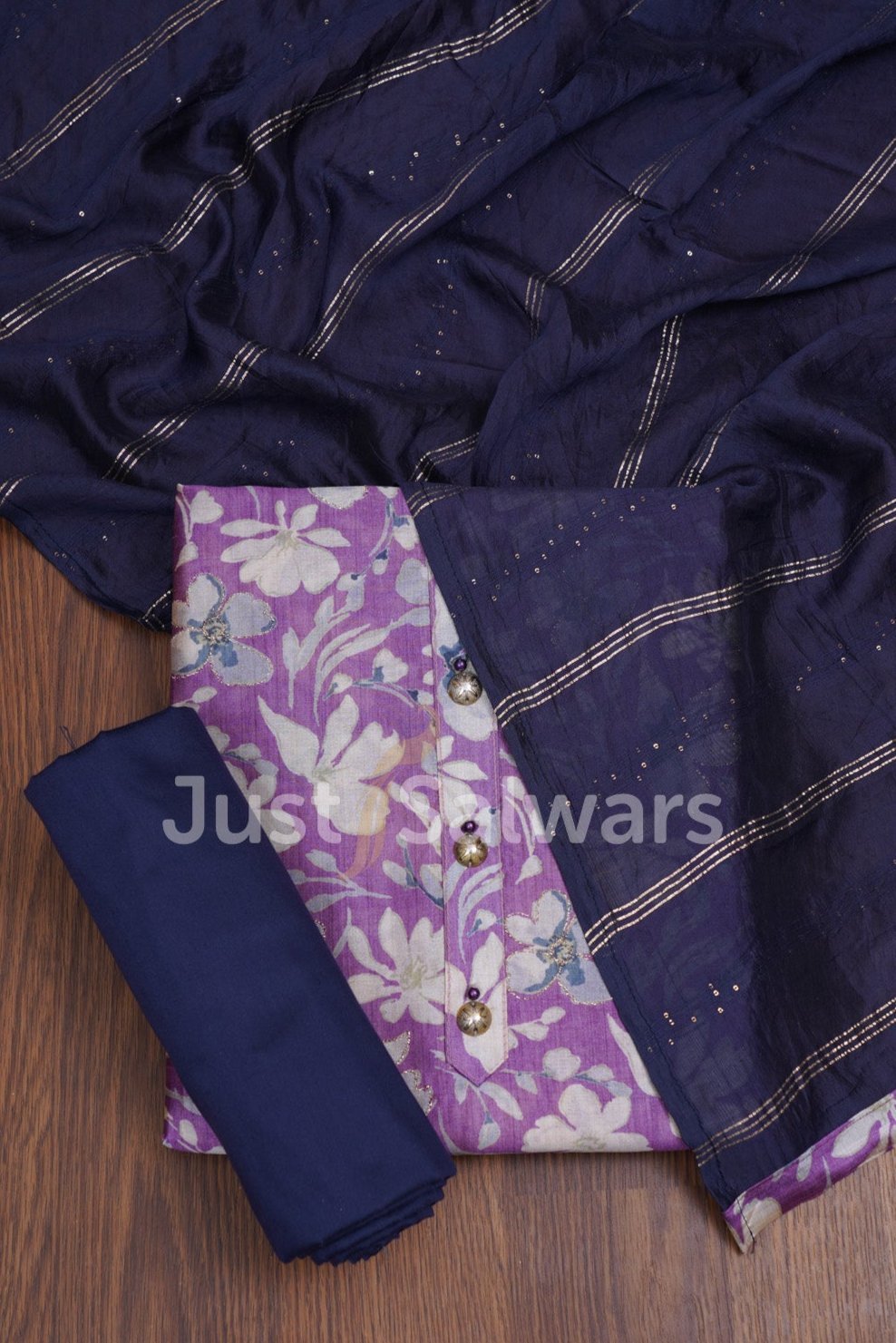 Wine And Blue Color Silk Cotton Dress Material - Dress Material - Just Salwars