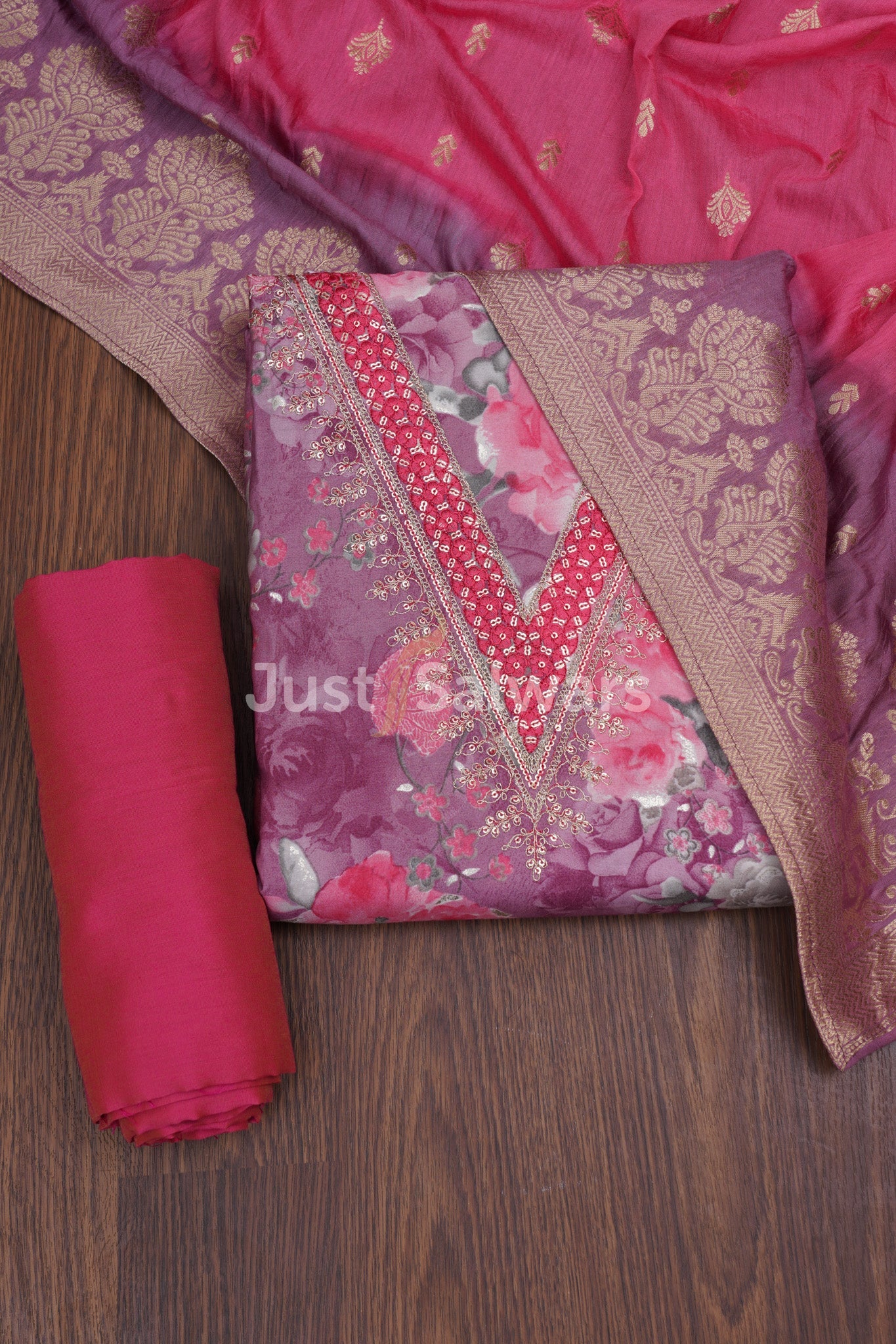 Wine Color Muslin Dress Material with Silk Dupatta - Dress Material - Just Salwars