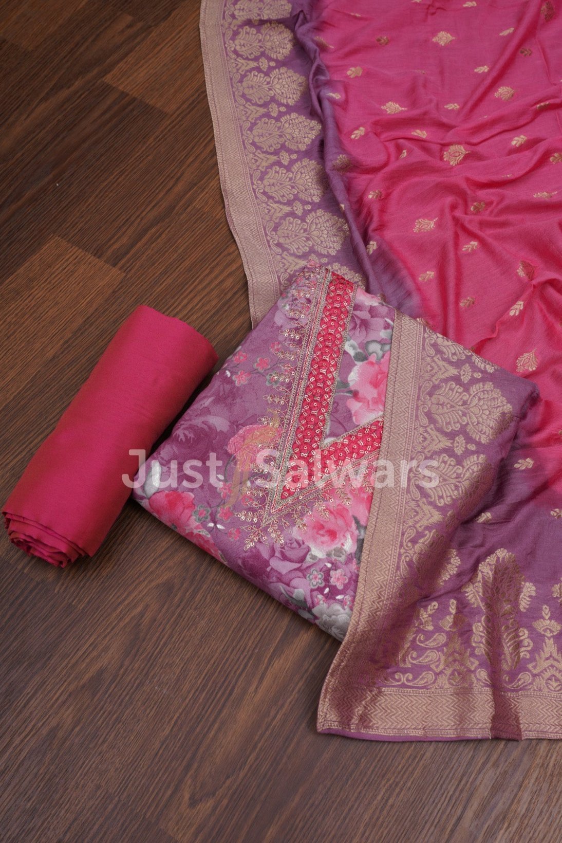 Wine Color Muslin Dress Material with Silk Dupatta - Dress Material - Just Salwars