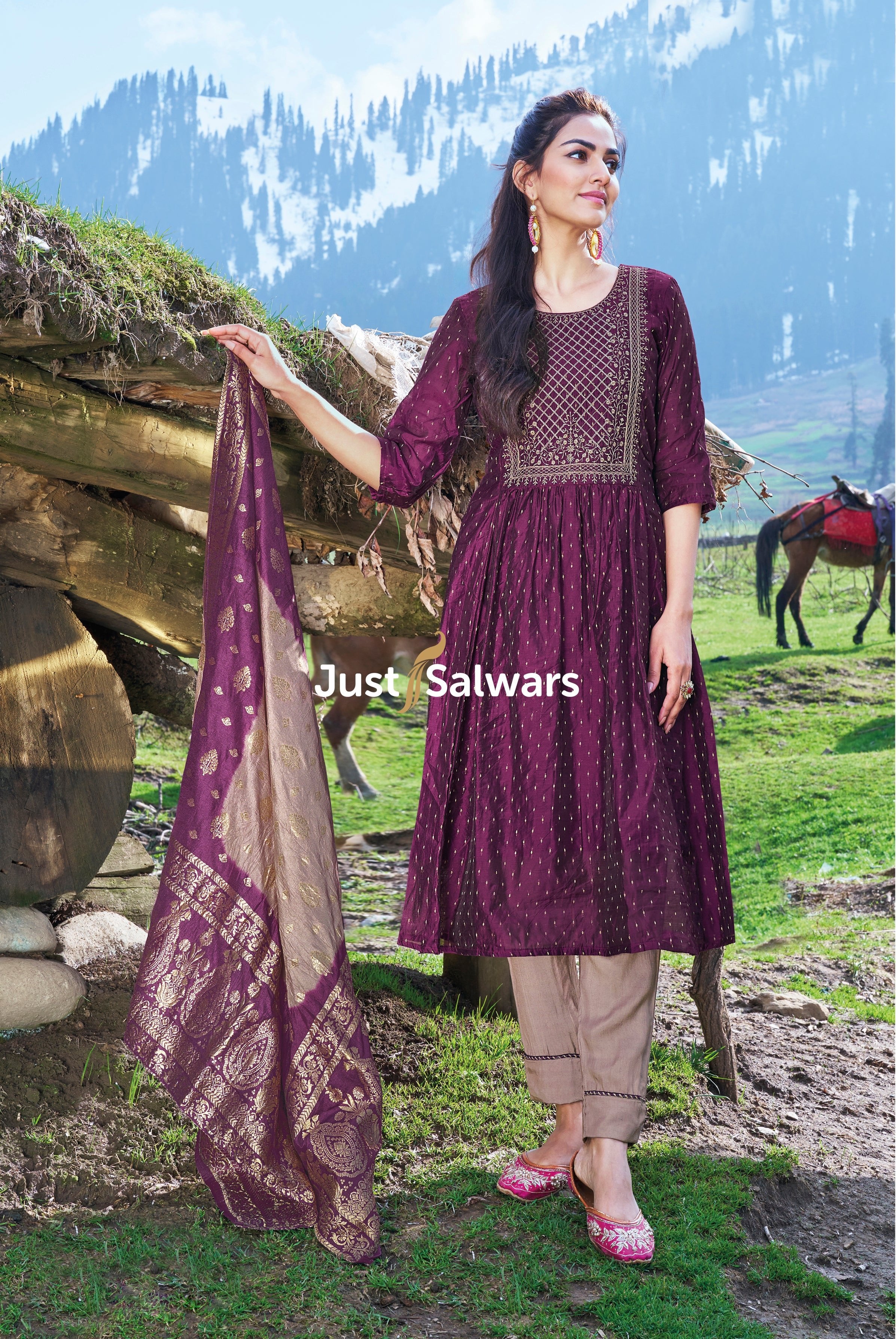 Wine Color Semi Silk Cotton Dress Material - Dress Material - Just Salwars