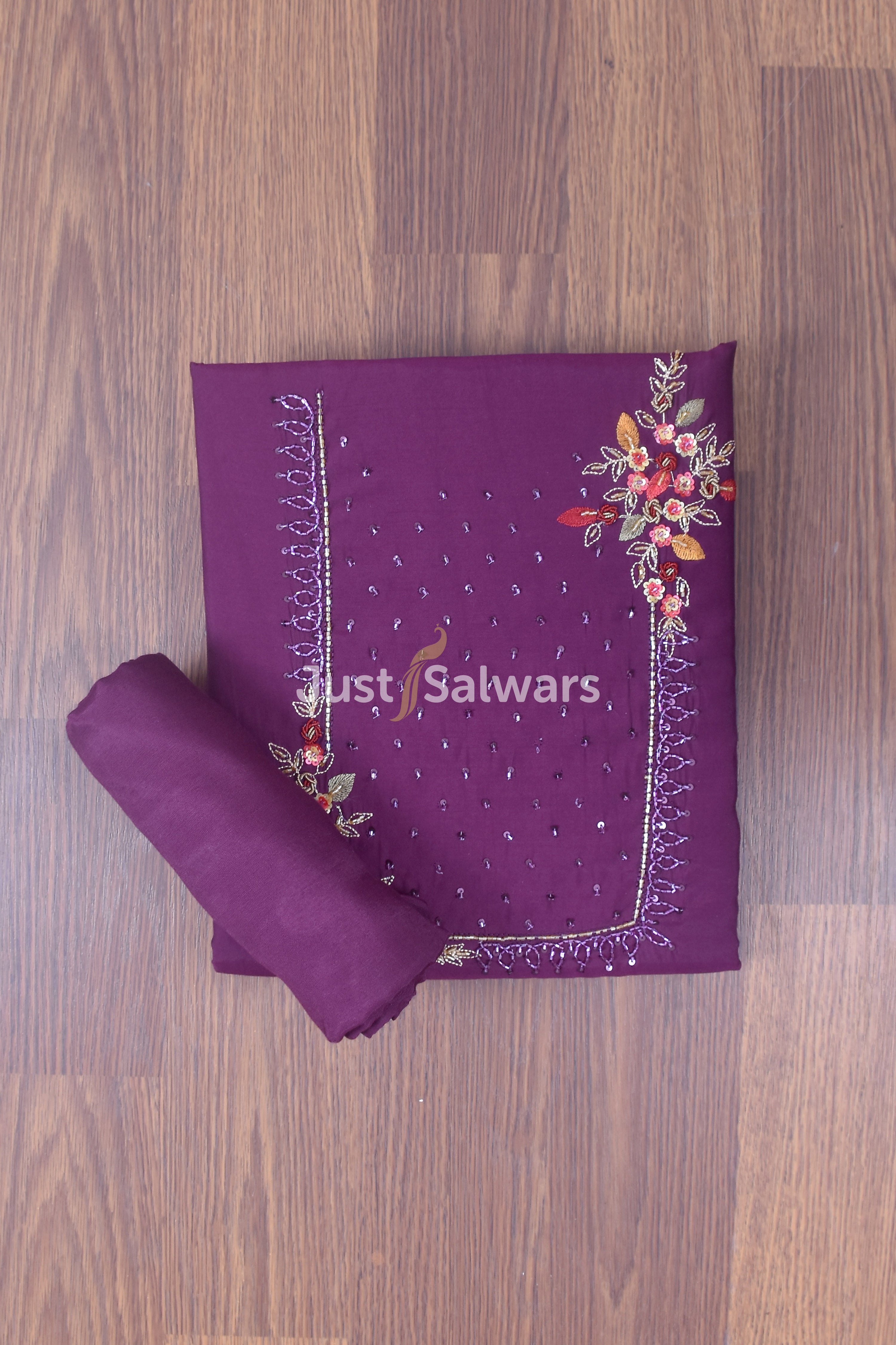 Wine Colour Embroidered Salwar Suit Material - Dress Material - Just Salwars