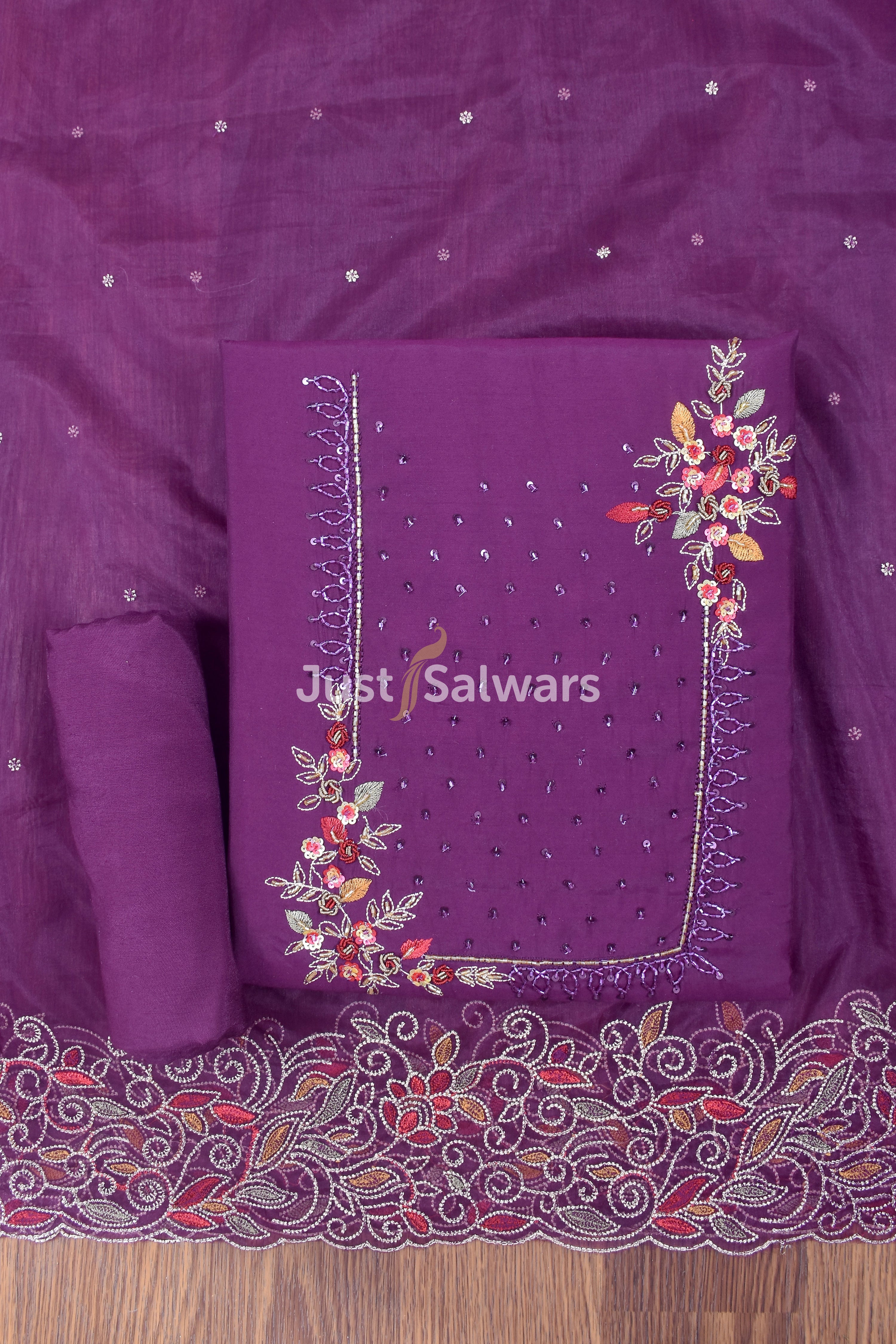 Wine Colour Embroidered Salwar Suit Material - Dress Material - Just Salwars