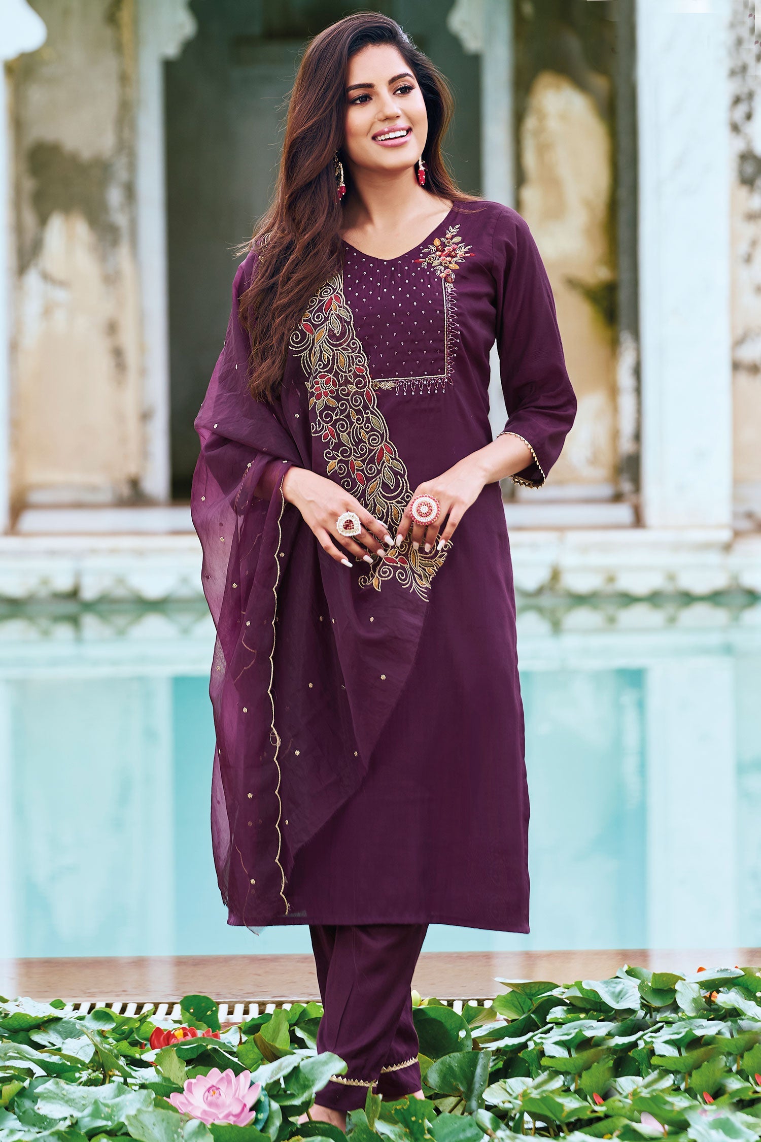 Wine Colour Embroidered Salwar Suit Material - Dress Material - Just Salwars