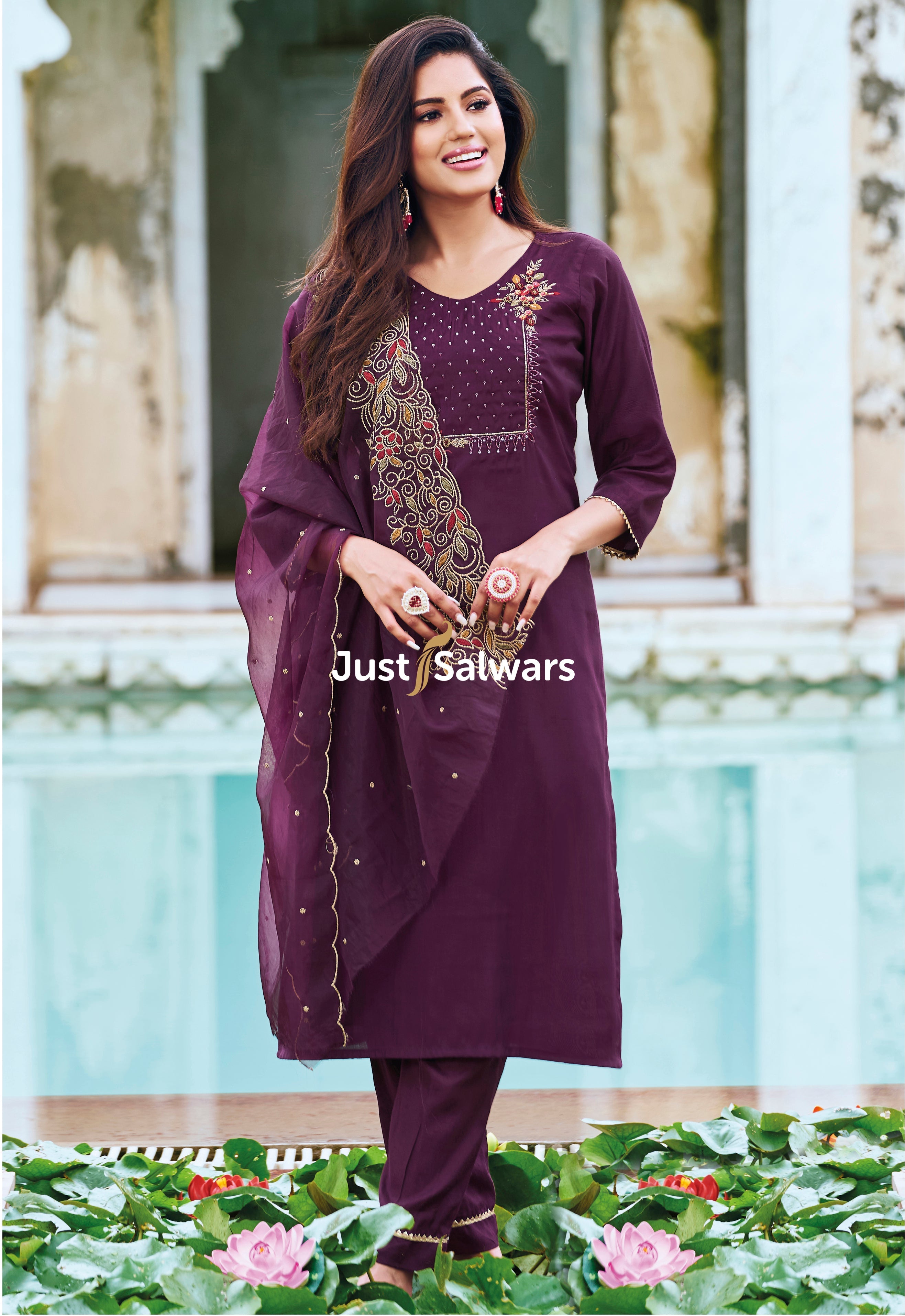 Wine Colour Embroidered Salwar Suit Material - Dress Material - Just Salwars