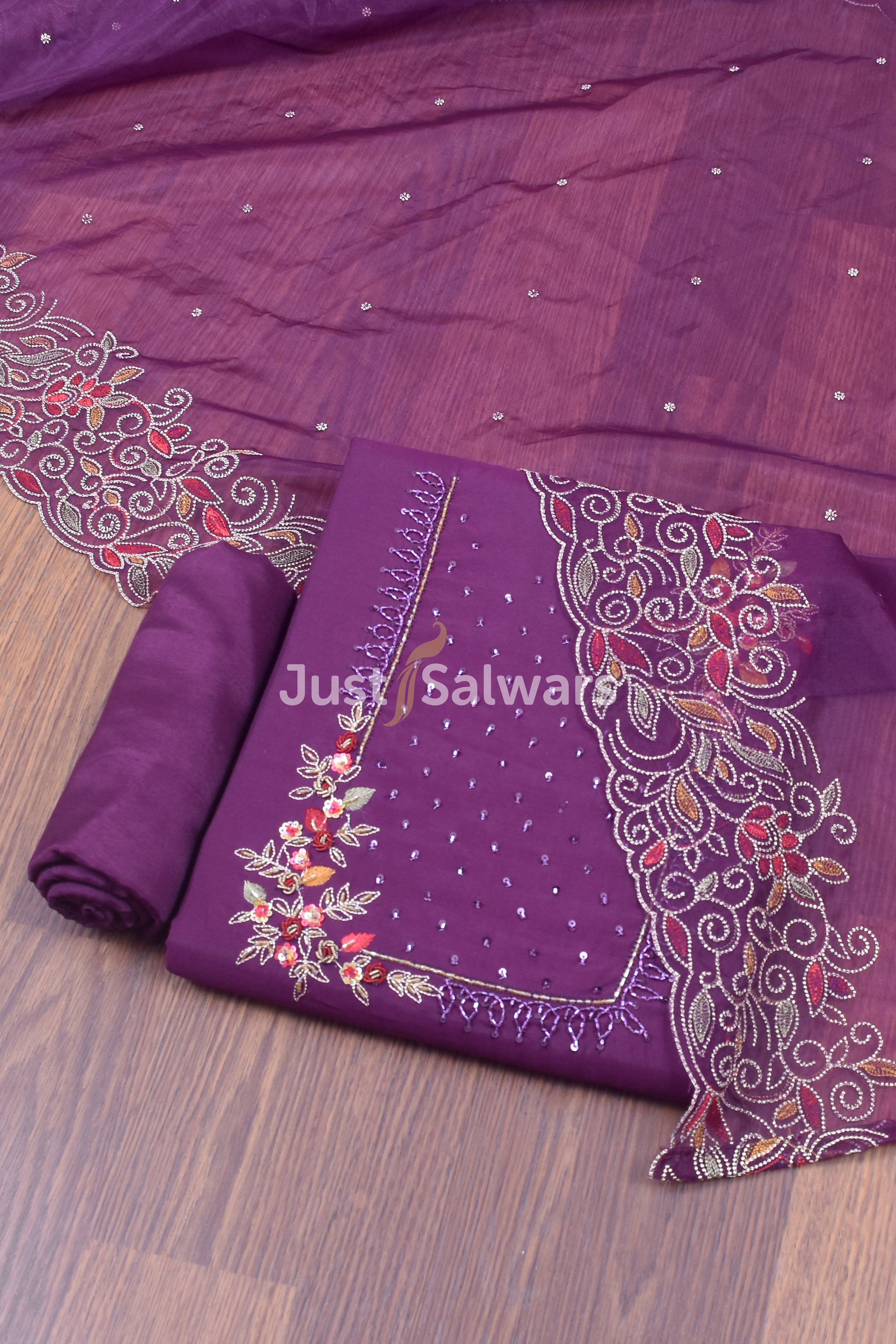 Wine Colour Embroidered Salwar Suit Material - Dress Material - Just Salwars