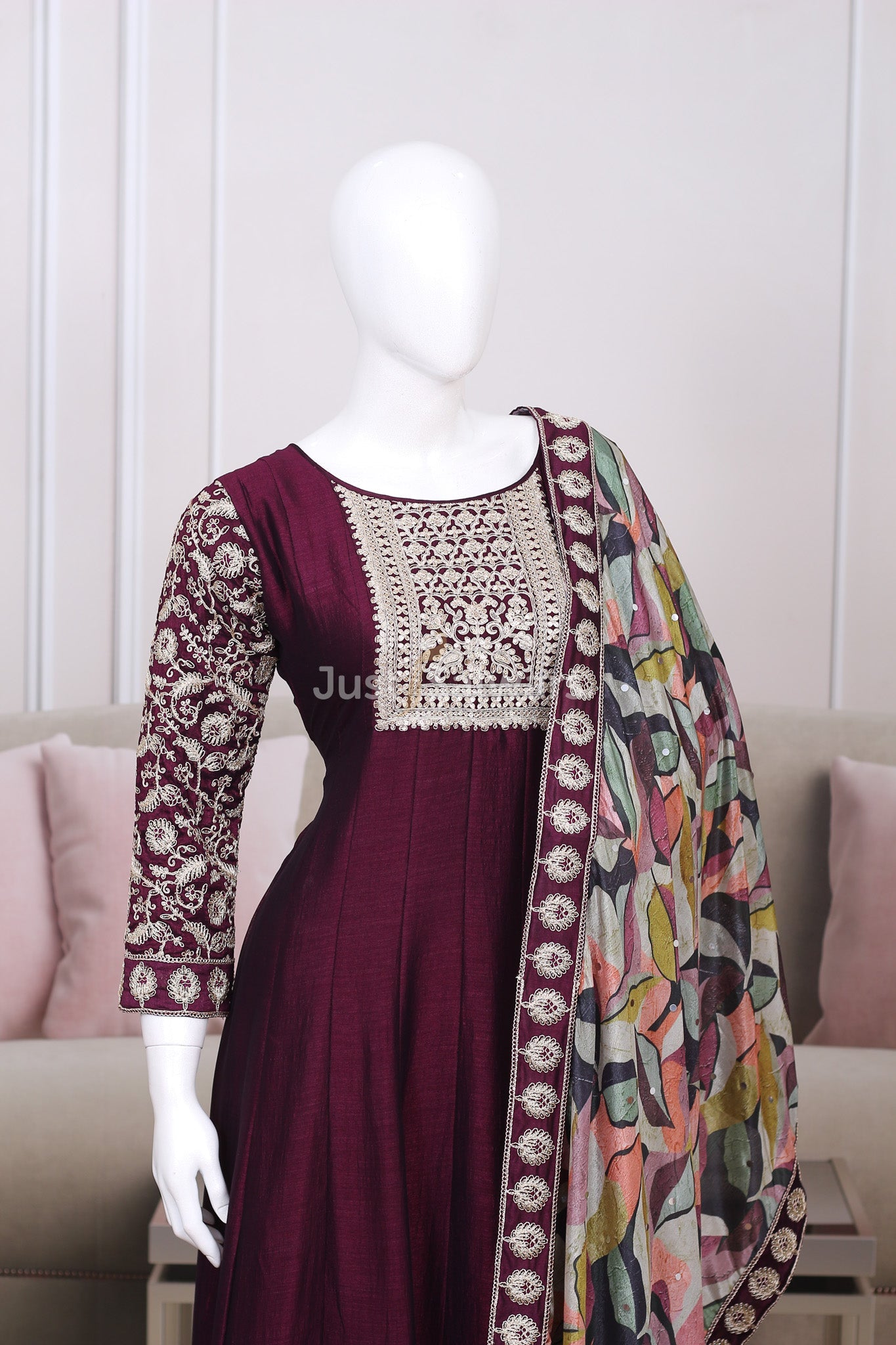 Wine Colour Soft Silk Anarkali Suit Set - Anarkali - Just Salwars