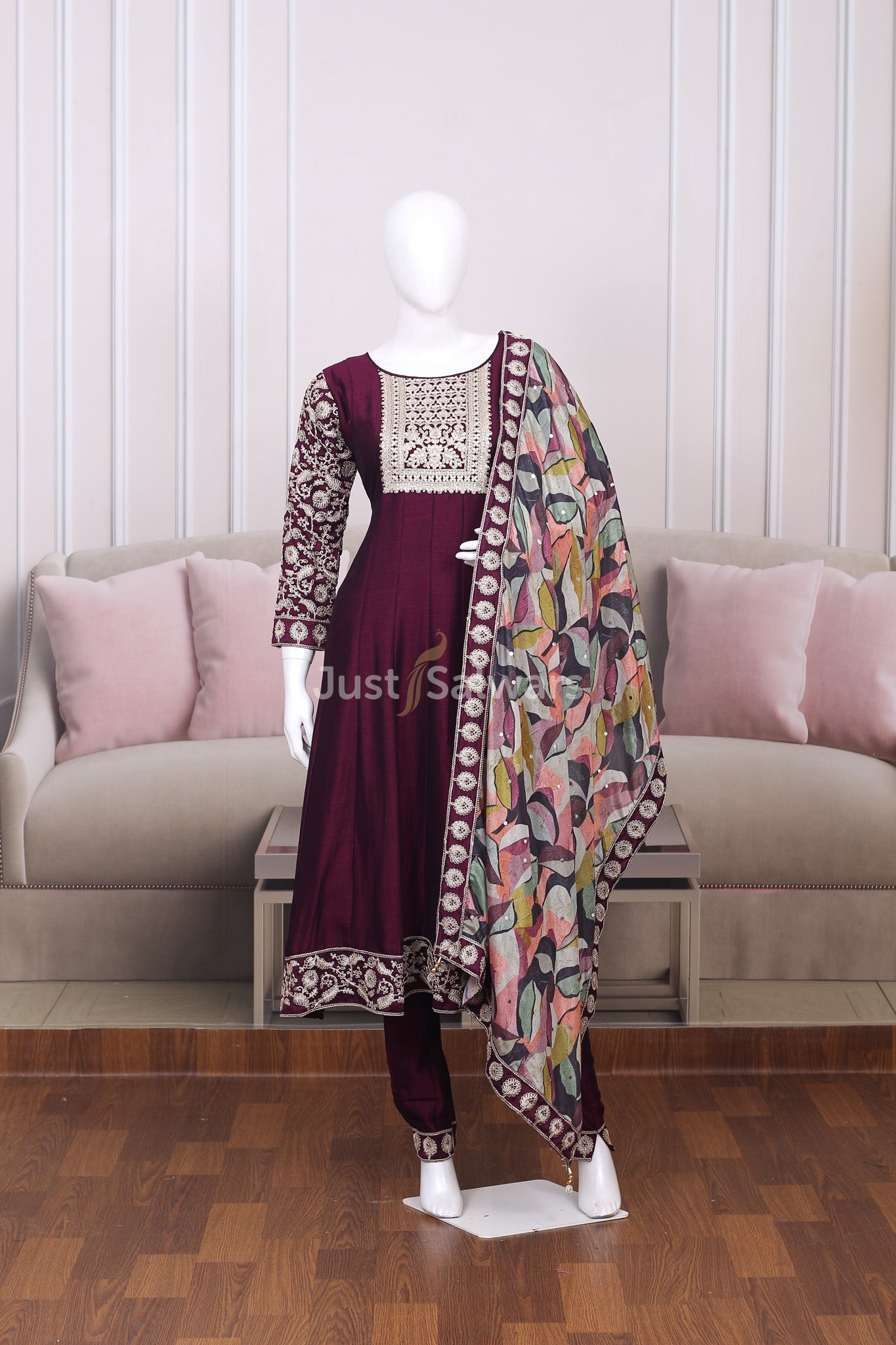 Wine Colour Soft Silk Anarkali Suit Set - Anarkali - Just Salwars