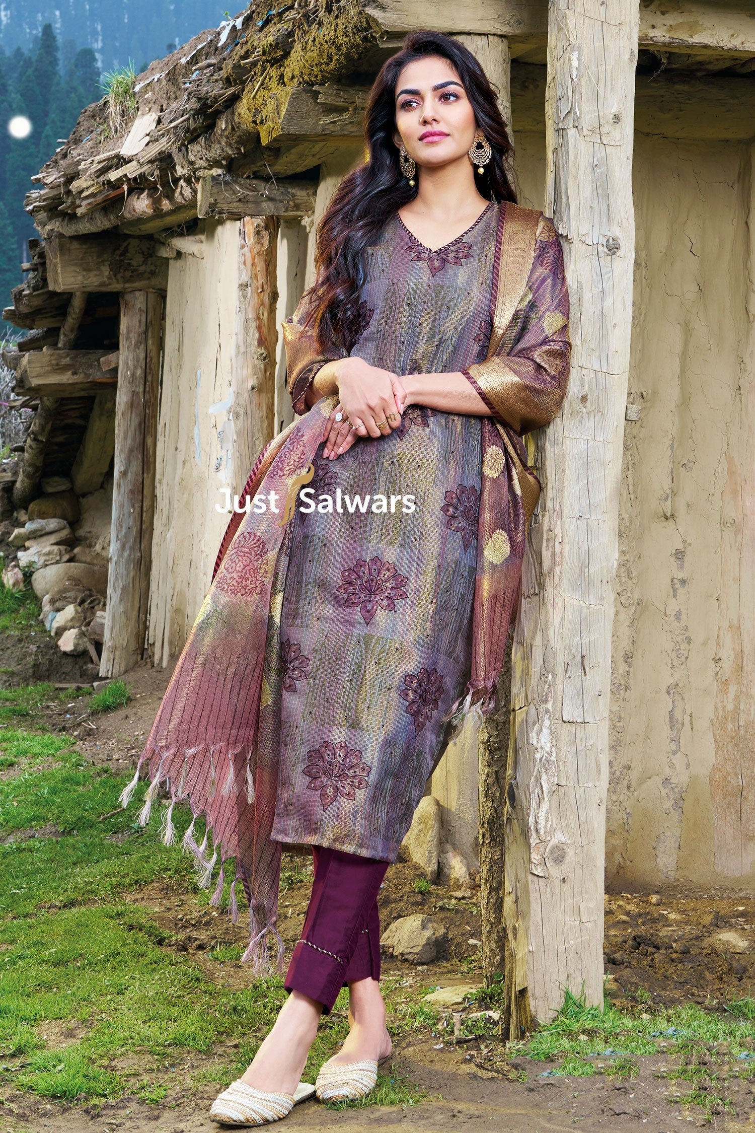 Wine Shimmery Tissue Dress Material with Banarasi Dupatta - Dress Material - Just Salwars