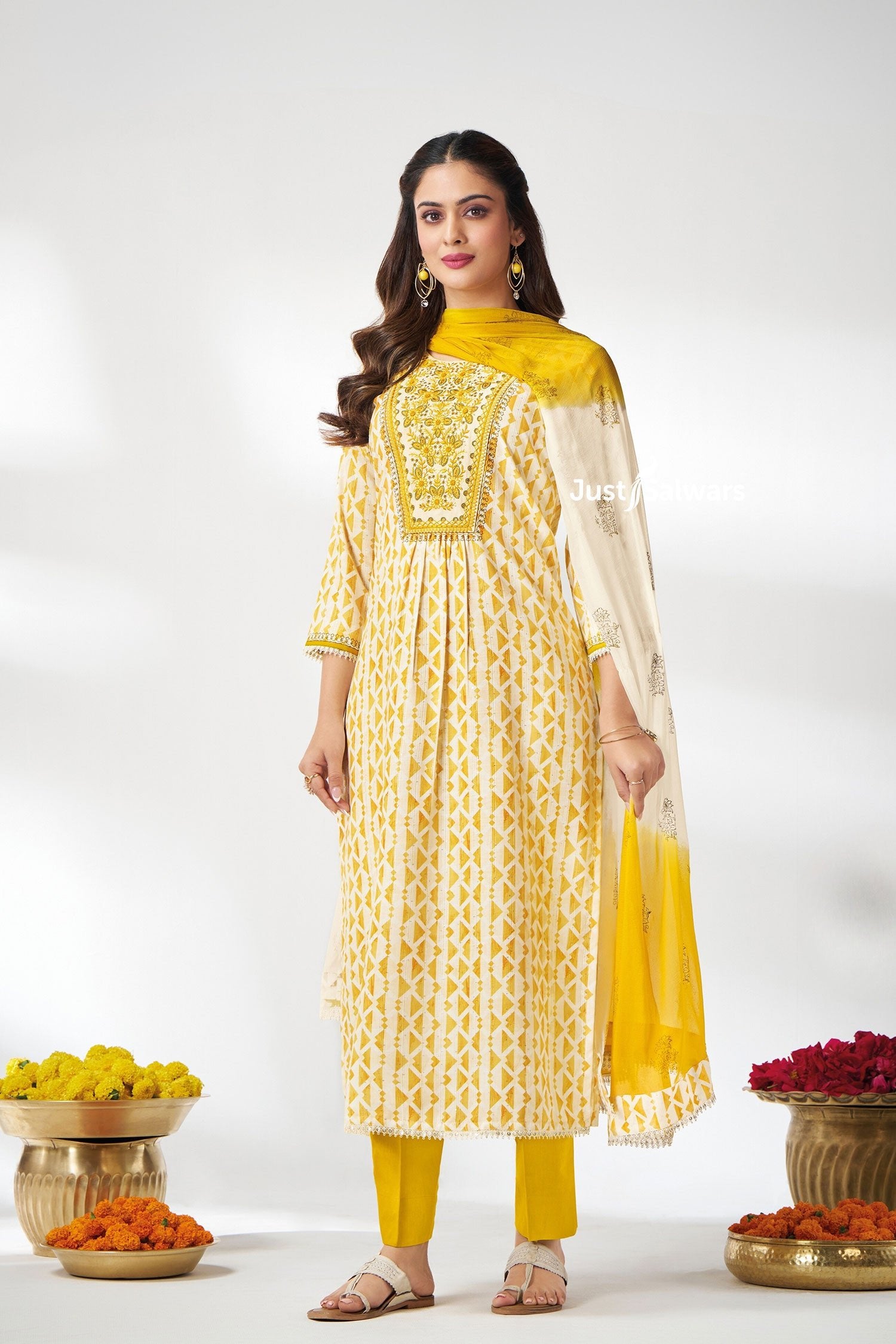 Yellow and Cream Cotton Kurta Set with Floral Embroidery - Salwar Suit - Just Salwars
