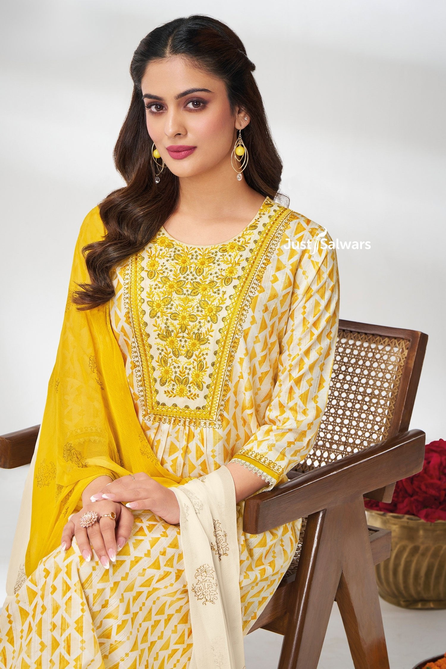 Yellow and Cream Cotton Kurta Set with Floral Embroidery - Salwar Suit - Just Salwars