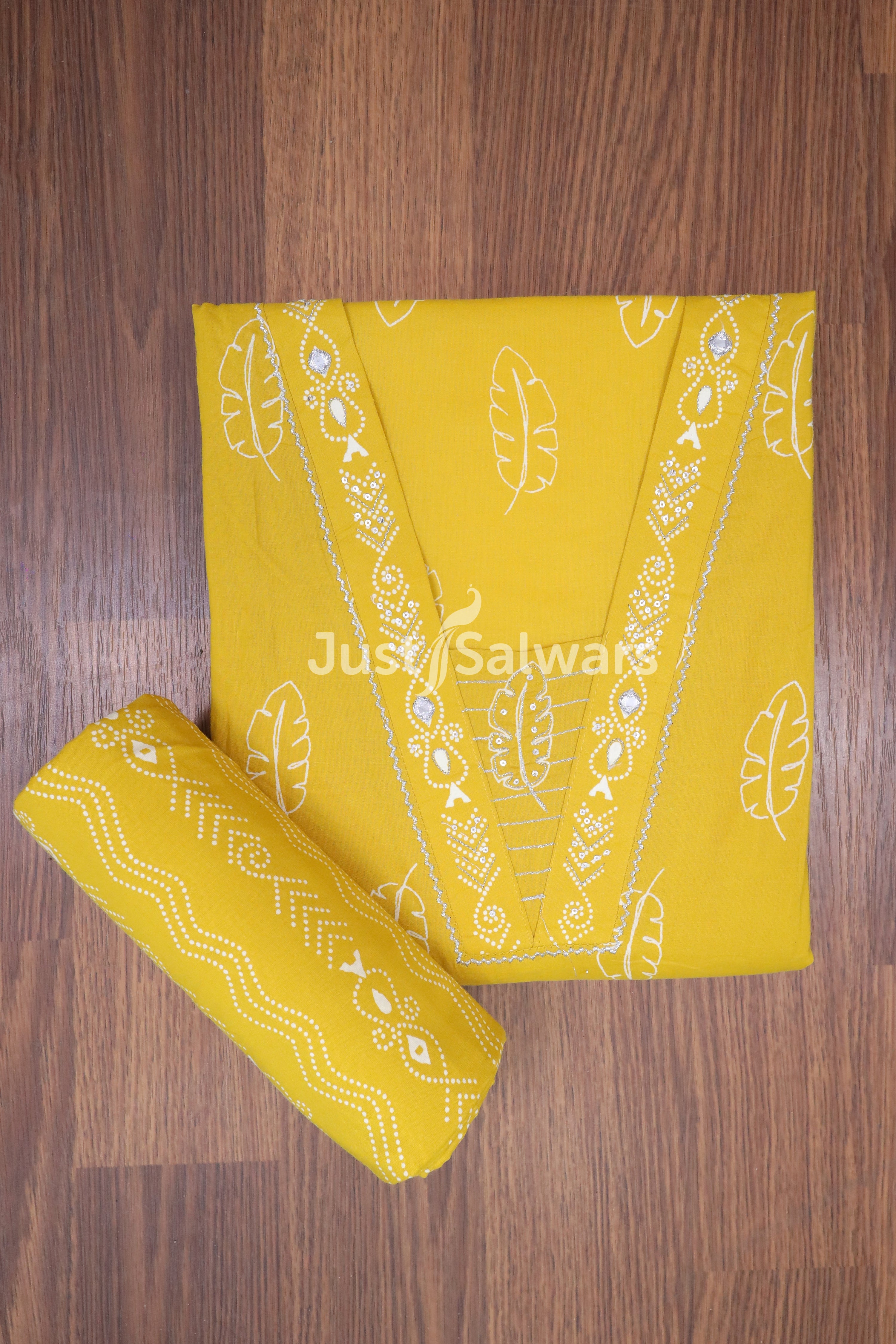 Yellow Color Cotton Dress Material - Dress Material - Just Salwars