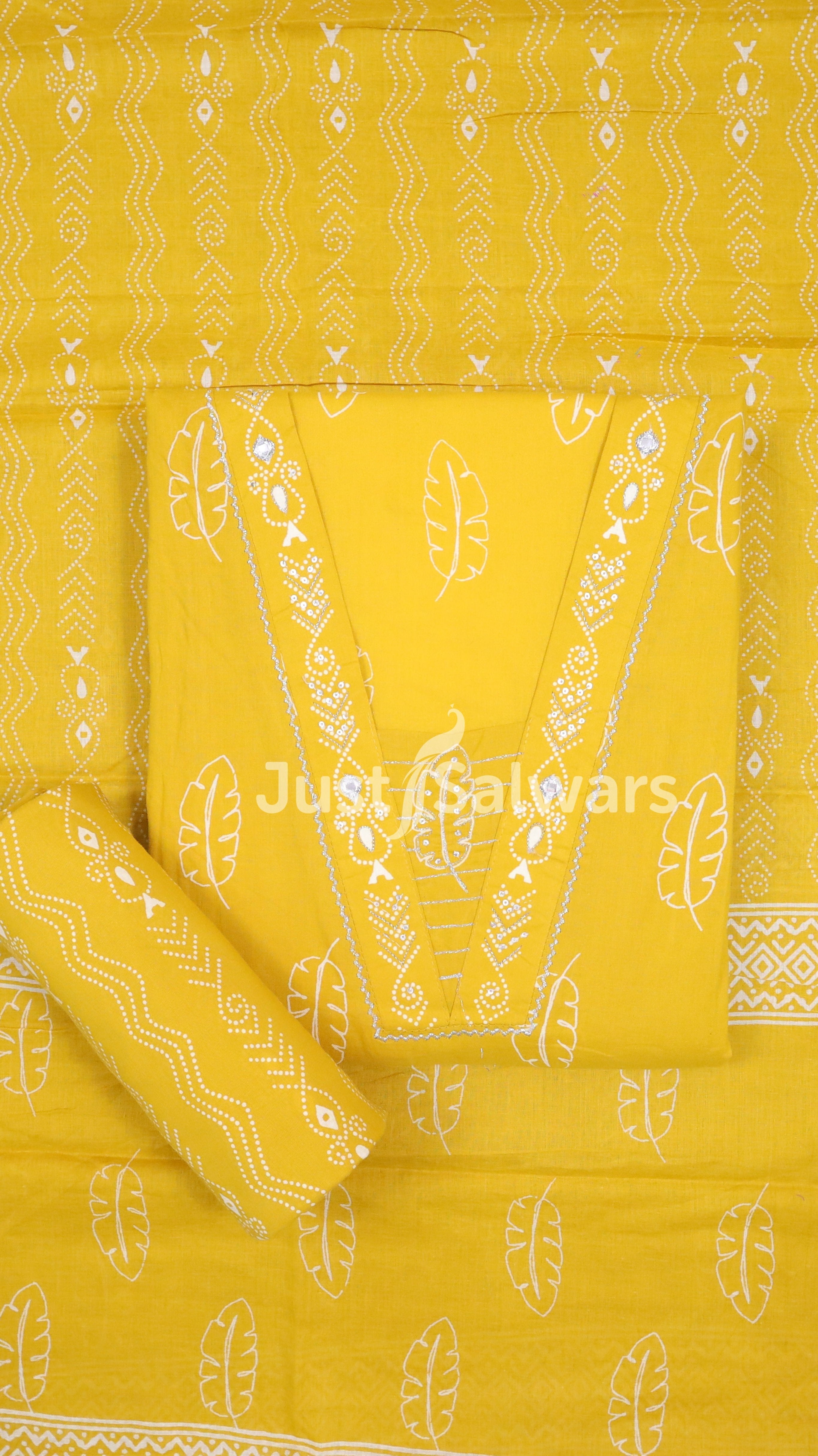 Yellow Color Cotton Dress Material - Dress Material - Just Salwars