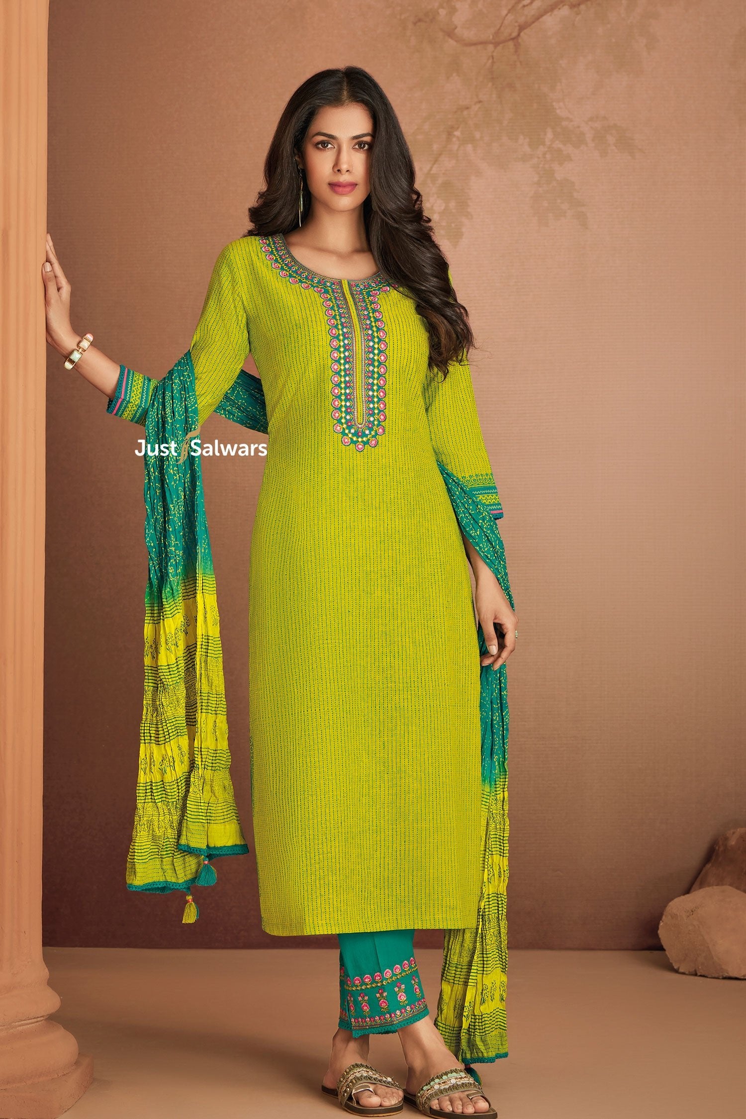 Yellow Green Readymade Pant Style Suit with Dupatta - Salwar Suit - Just Salwars