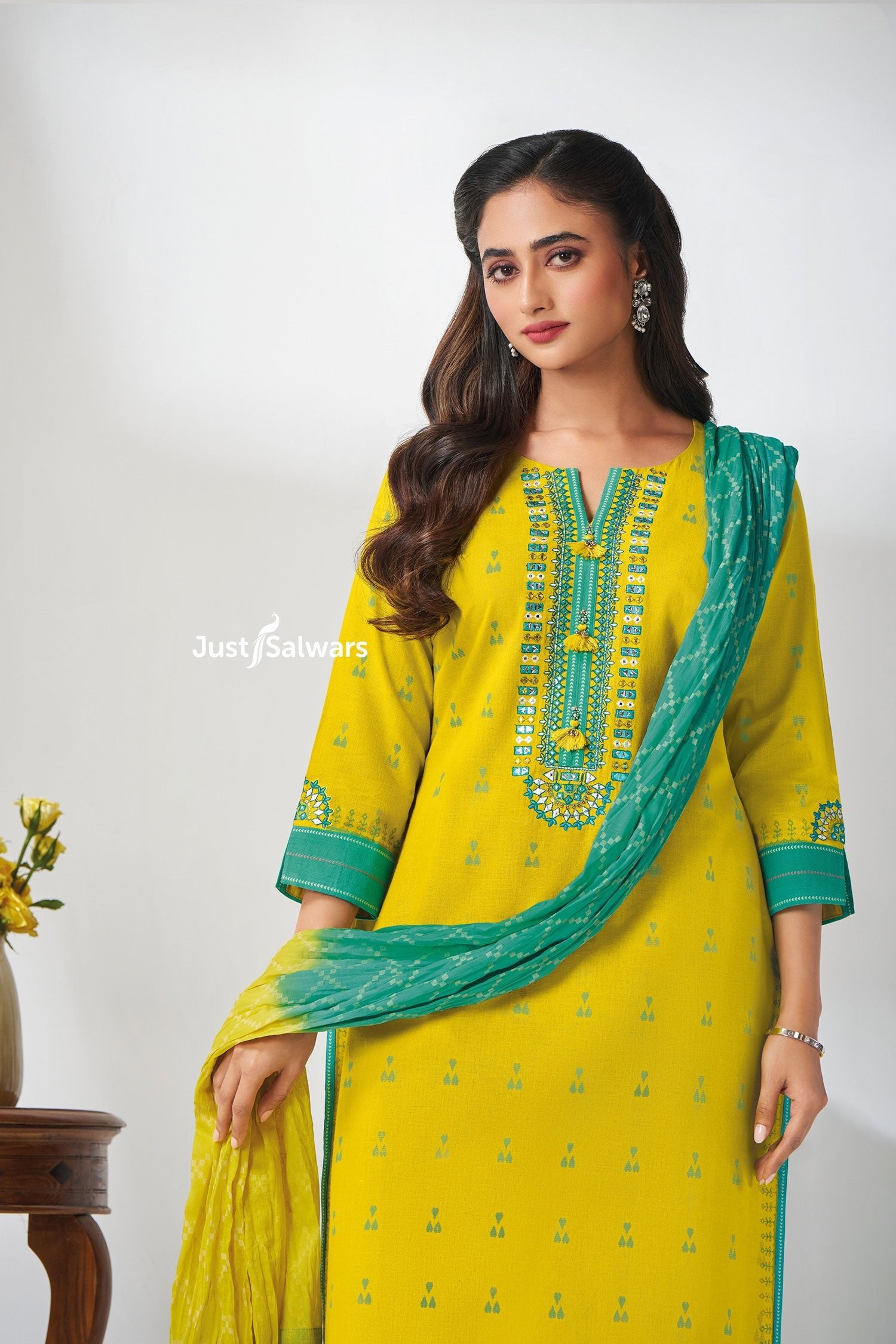 Yellow Mirror - Work Kurta Set with Teal Accents - Salwar Suit - Just Salwars