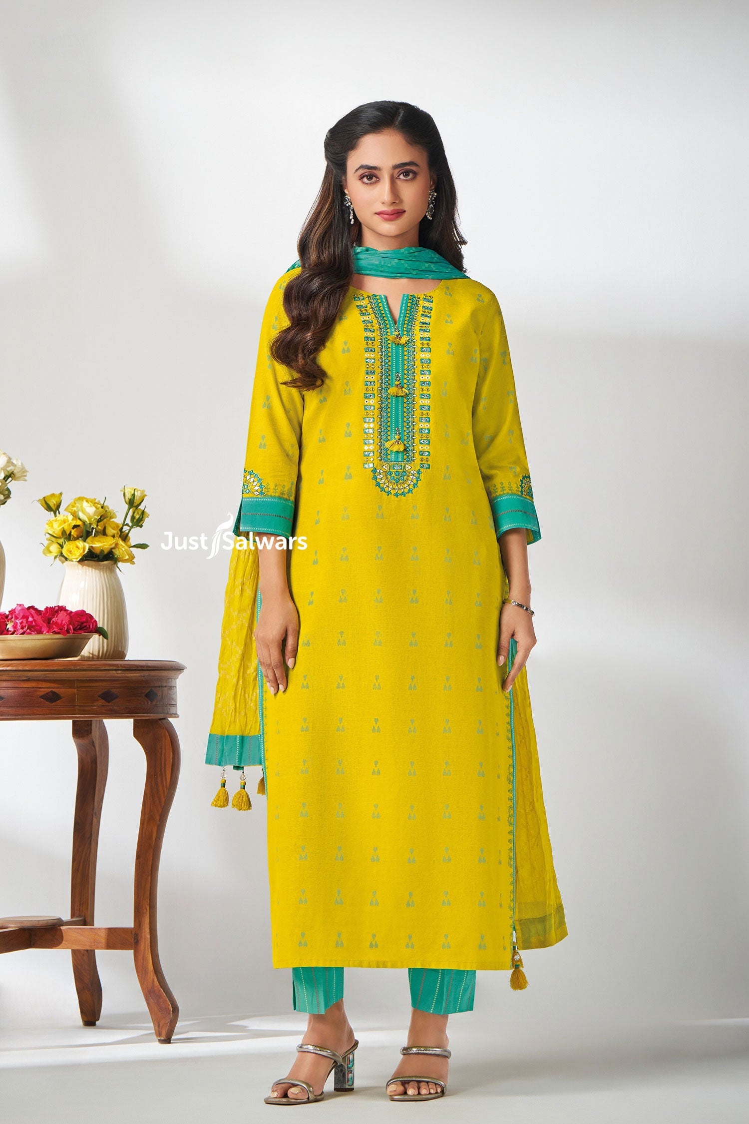 Yellow Mirror - Work Kurta Set with Teal Accents - Salwar Suit - Just Salwars