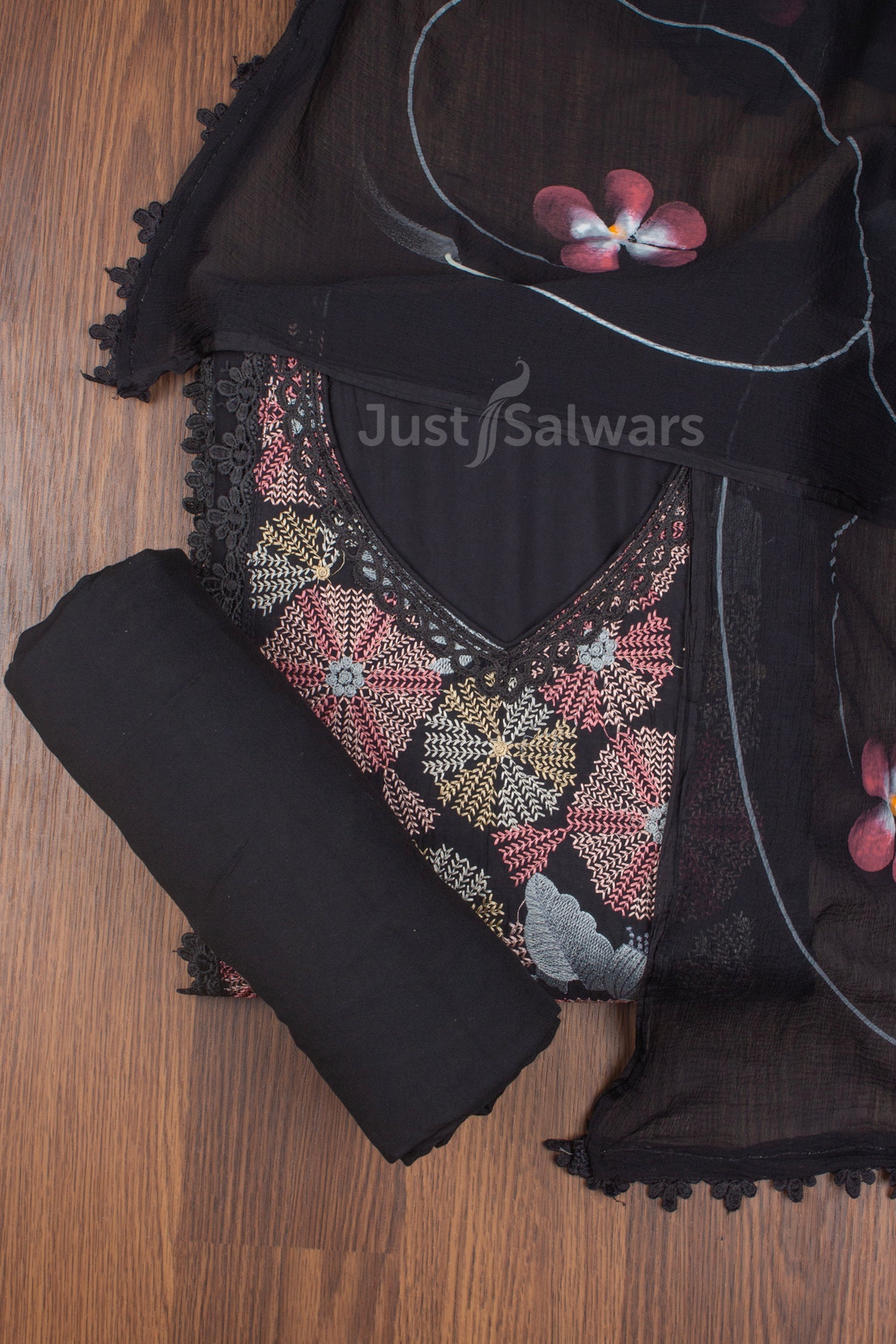 Black Colour Muslin Dress Material with Chiffon Dupatta -Dress Material- Just Salwars