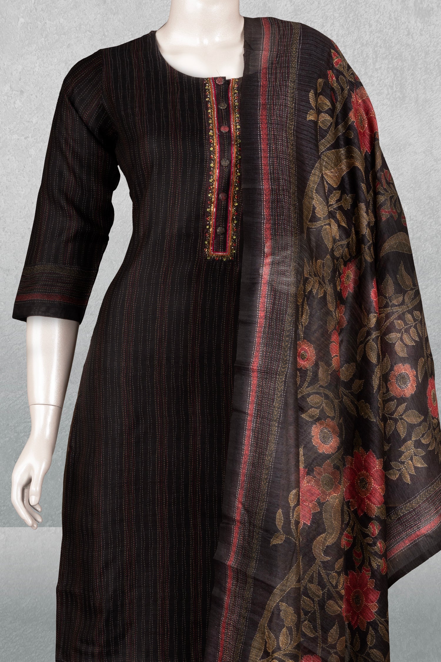Black Colour Tussar Silk Straight Cut Salwar Suit -Salwar Suit- Just Salwars