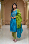 Blue and Green Colour Unstitched Dress Material -Dress Material- Just Salwars