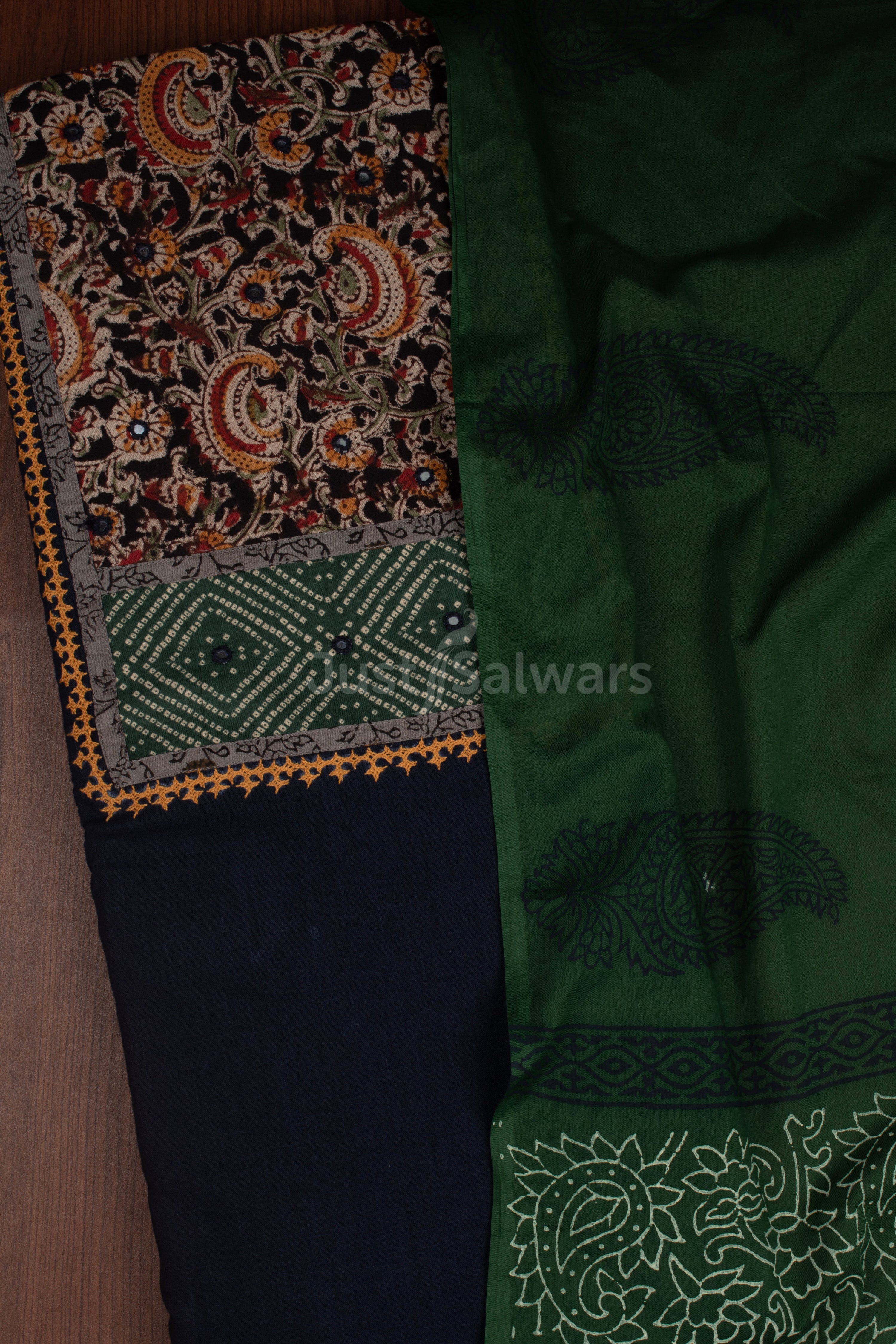 Blue and Green Colour Unstitched Dress Material -Dress Material- Just Salwars