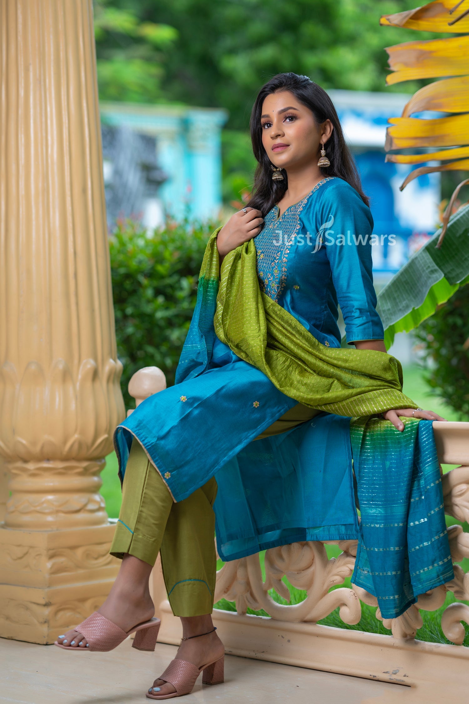 Blue and Green Colour Unstitched Dress Material -Dress Material- Just Salwars