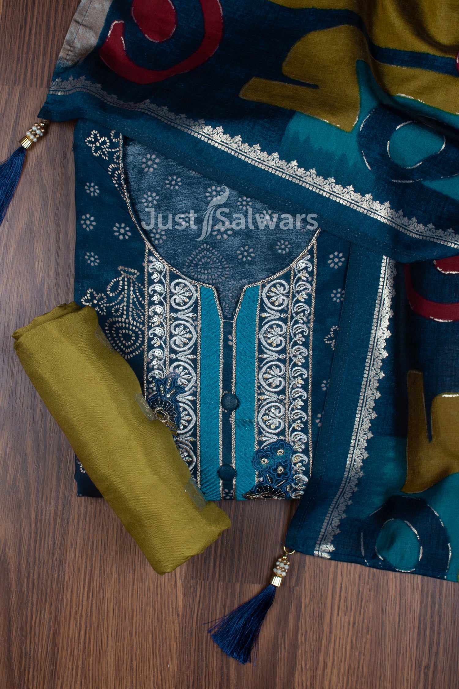 Blue and Mehendi Green Colour Muslin Dress Material -Dress Material- Just Salwars