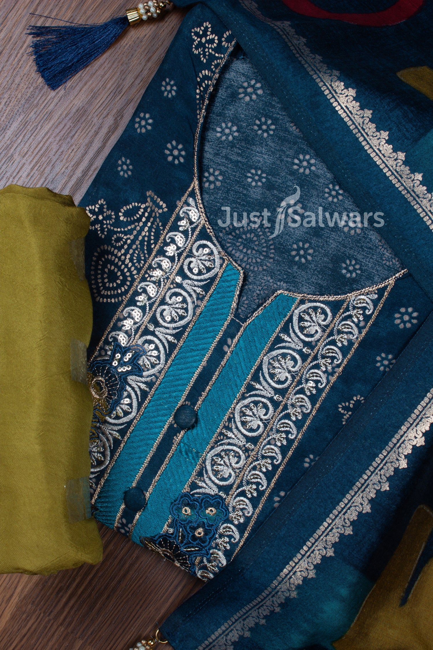 Blue and Mehendi Green Colour Muslin Dress Material -Dress Material- Just Salwars