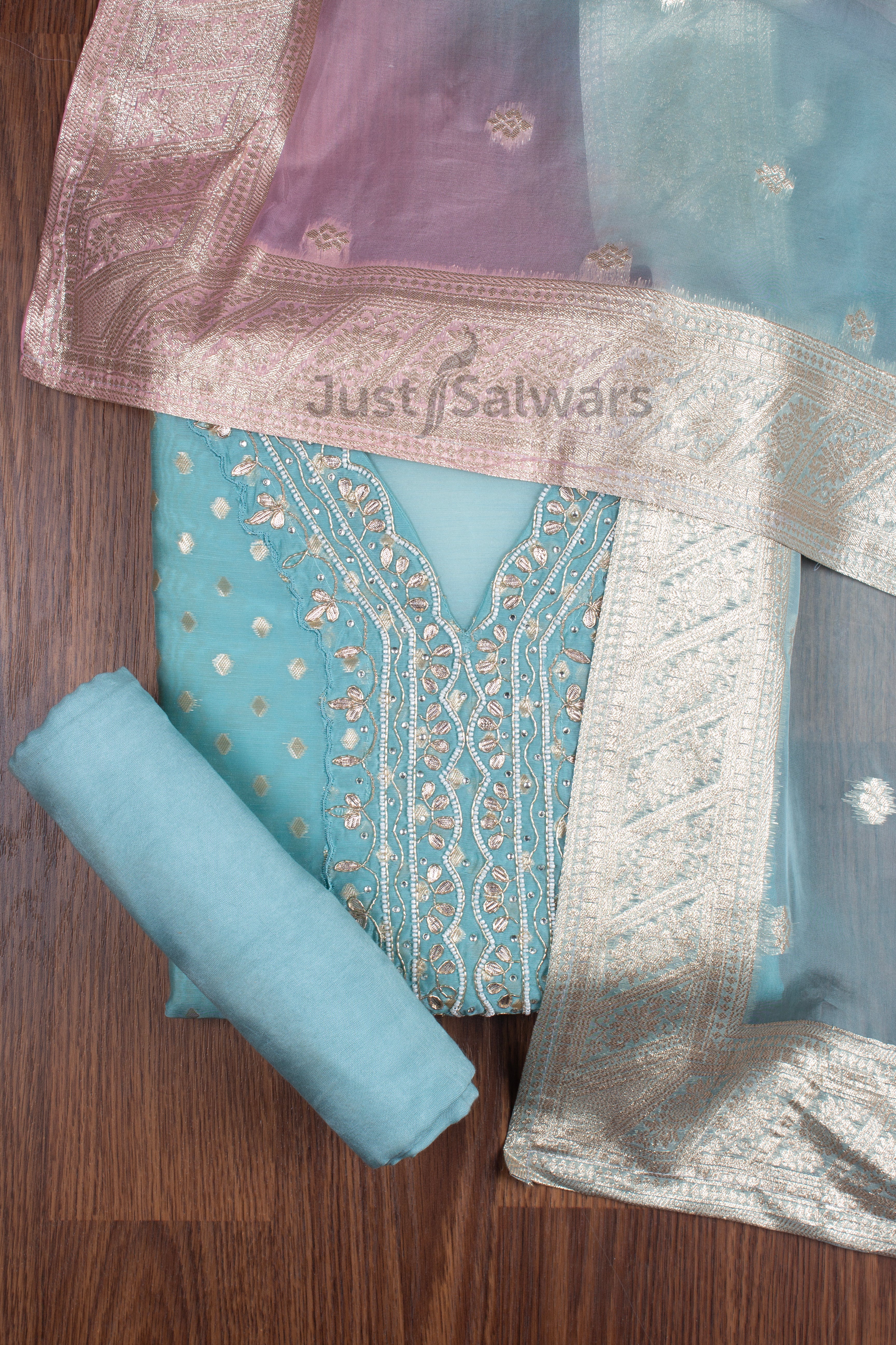 Blue and Peach Colour Silk Cotton Dress Material -Dress Material- Just Salwars