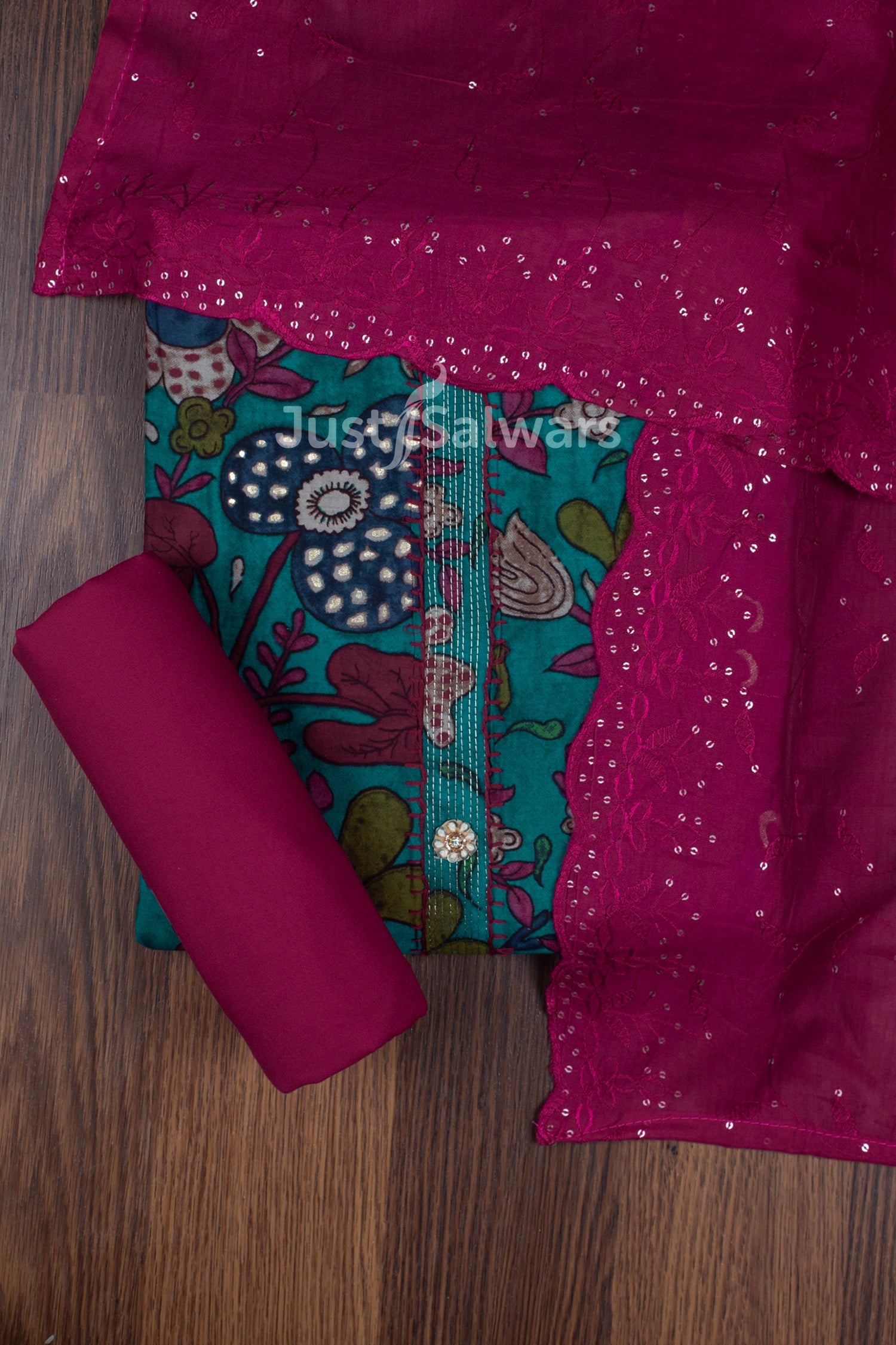 Blue and Rani Pink Colour Muslin Dress Material with Silk Cotton Dupatta -Dress Material- Just Salwars