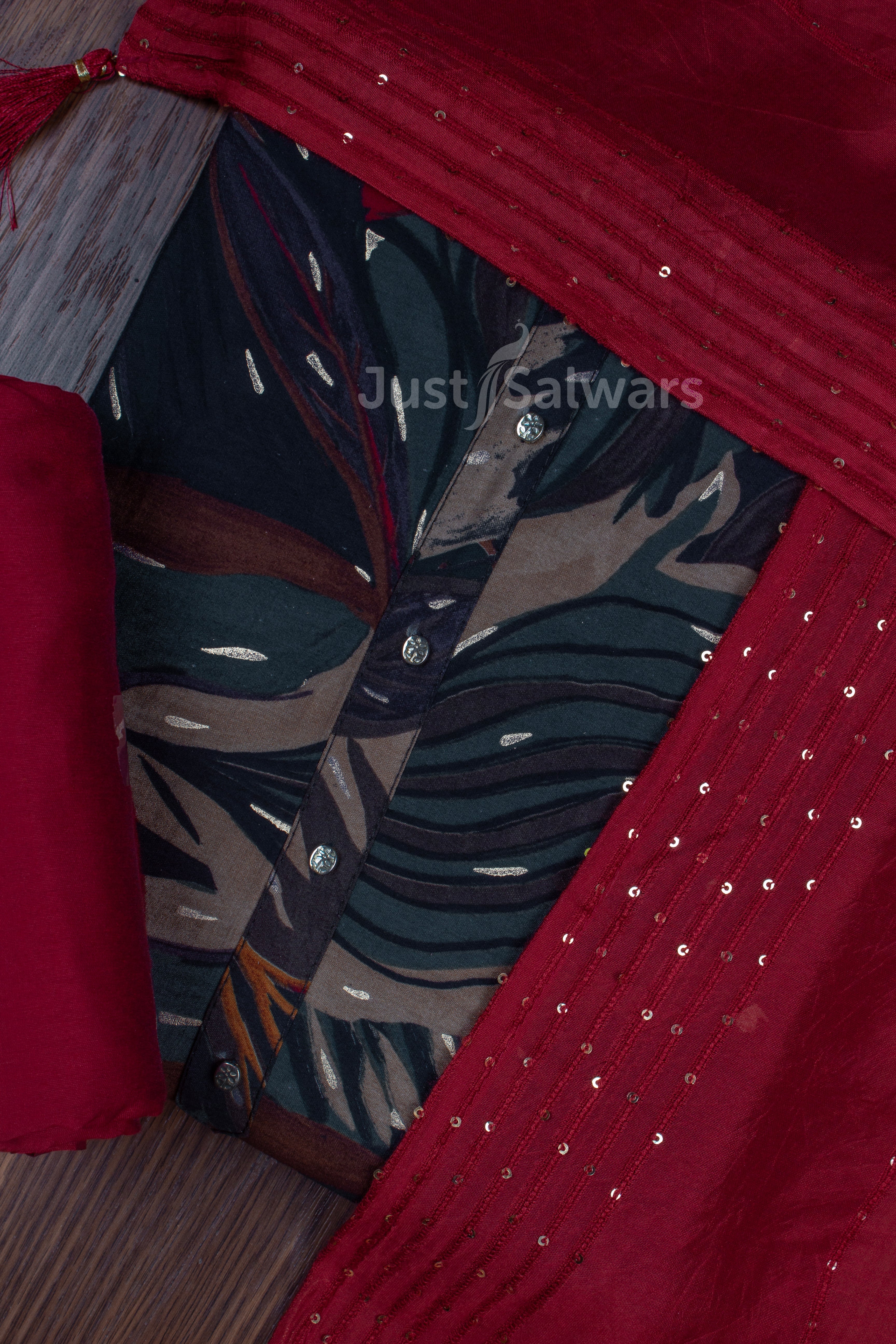 Blue and Red Colour Muslin Dress Material with Silk Cotton Dupatta -Dress Material- Just Salwars