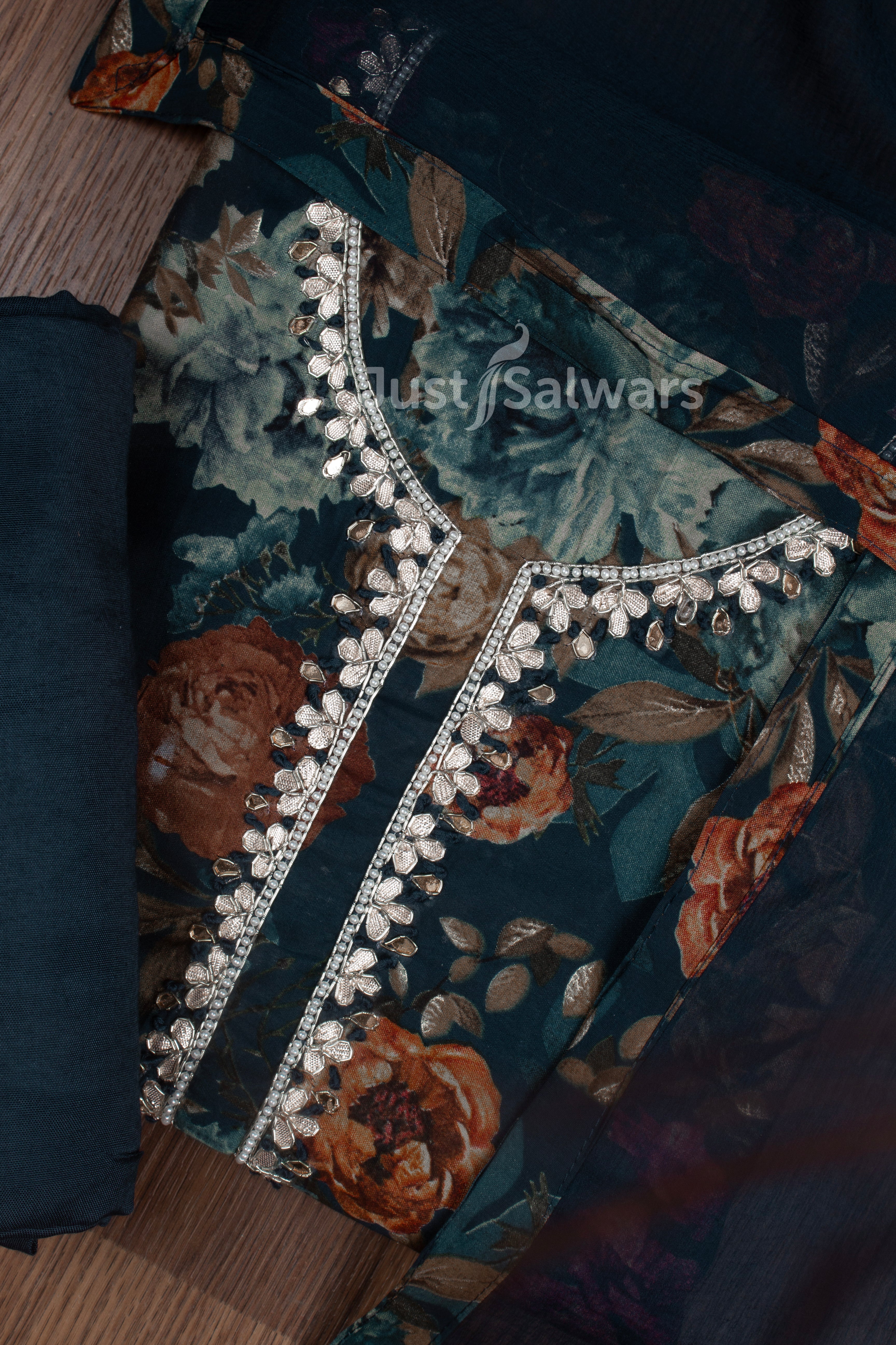Blue Colour Floral Muslin Dress Material with Chiffon Dupatta -Dress Material- Just Salwars