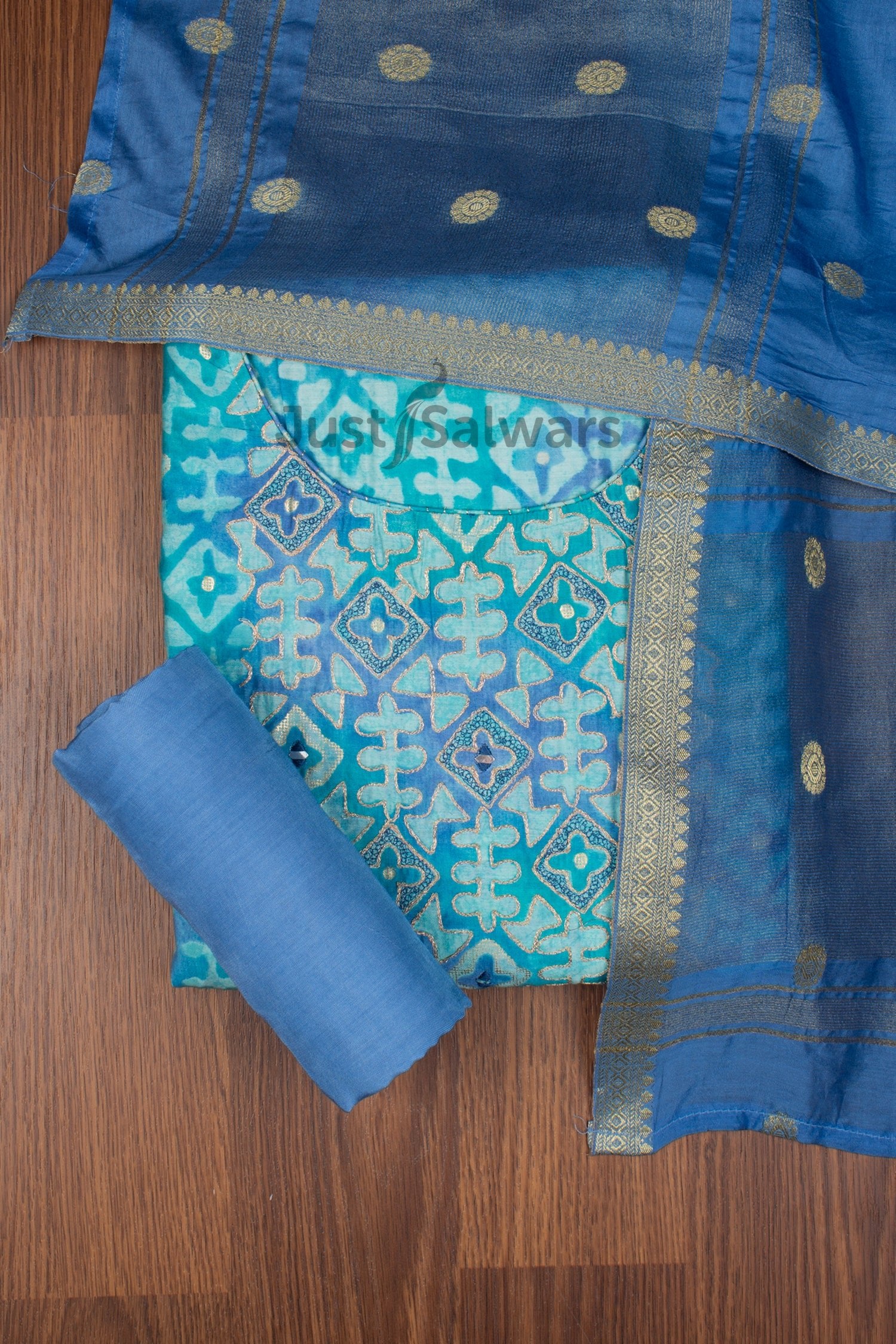 Blue Colour Muslin Dress Material with Silk Dupatta -Dress Material- Just Salwars