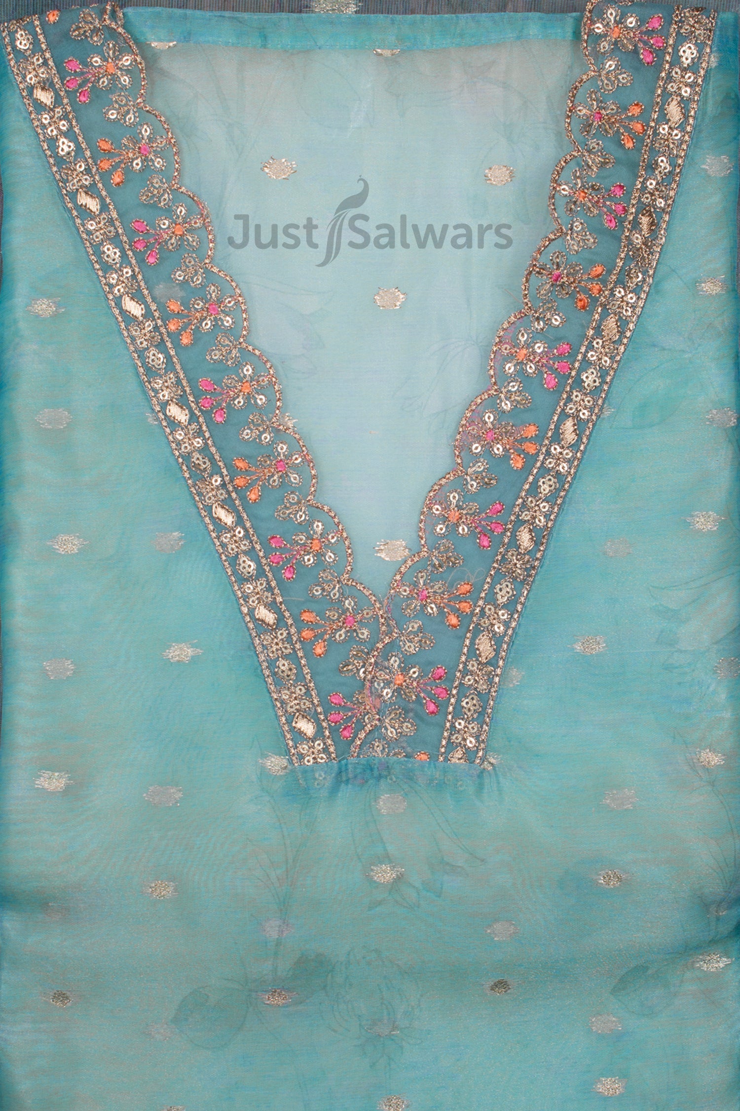 Blue Colour Organza Dress Material -Dress Material- Just Salwars