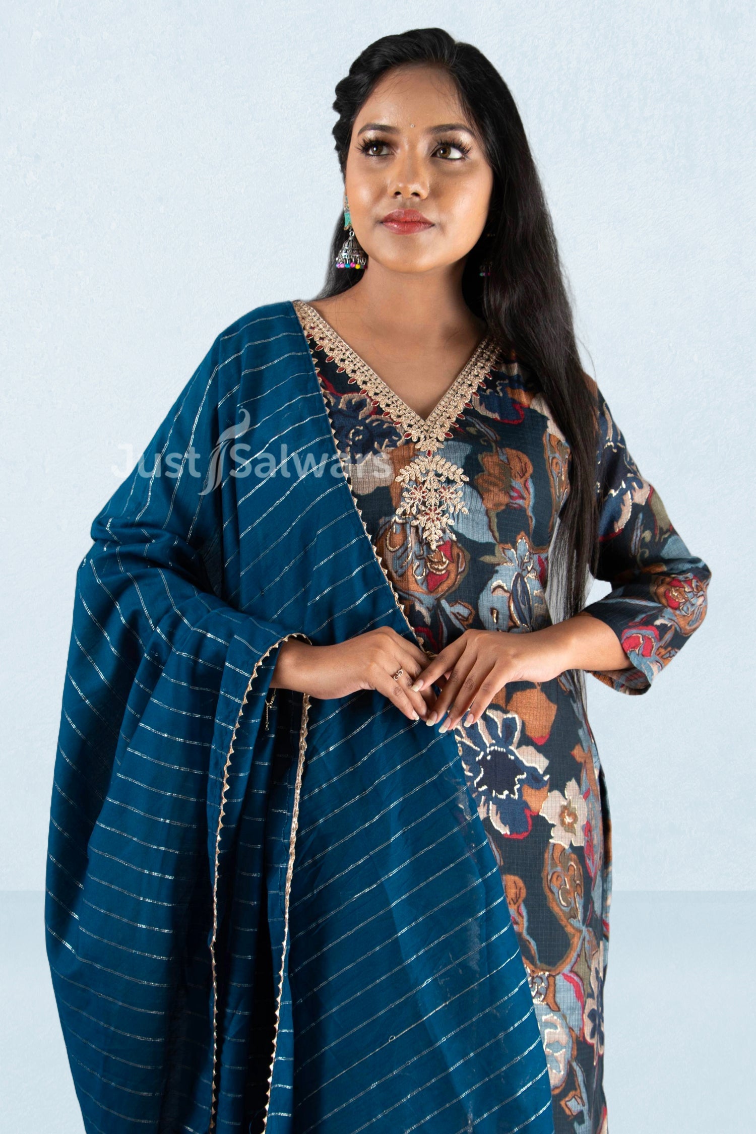 Blue Colour V Neck Cotton Straight Cut Salwar Suit -Salwar Suit- Just Salwars