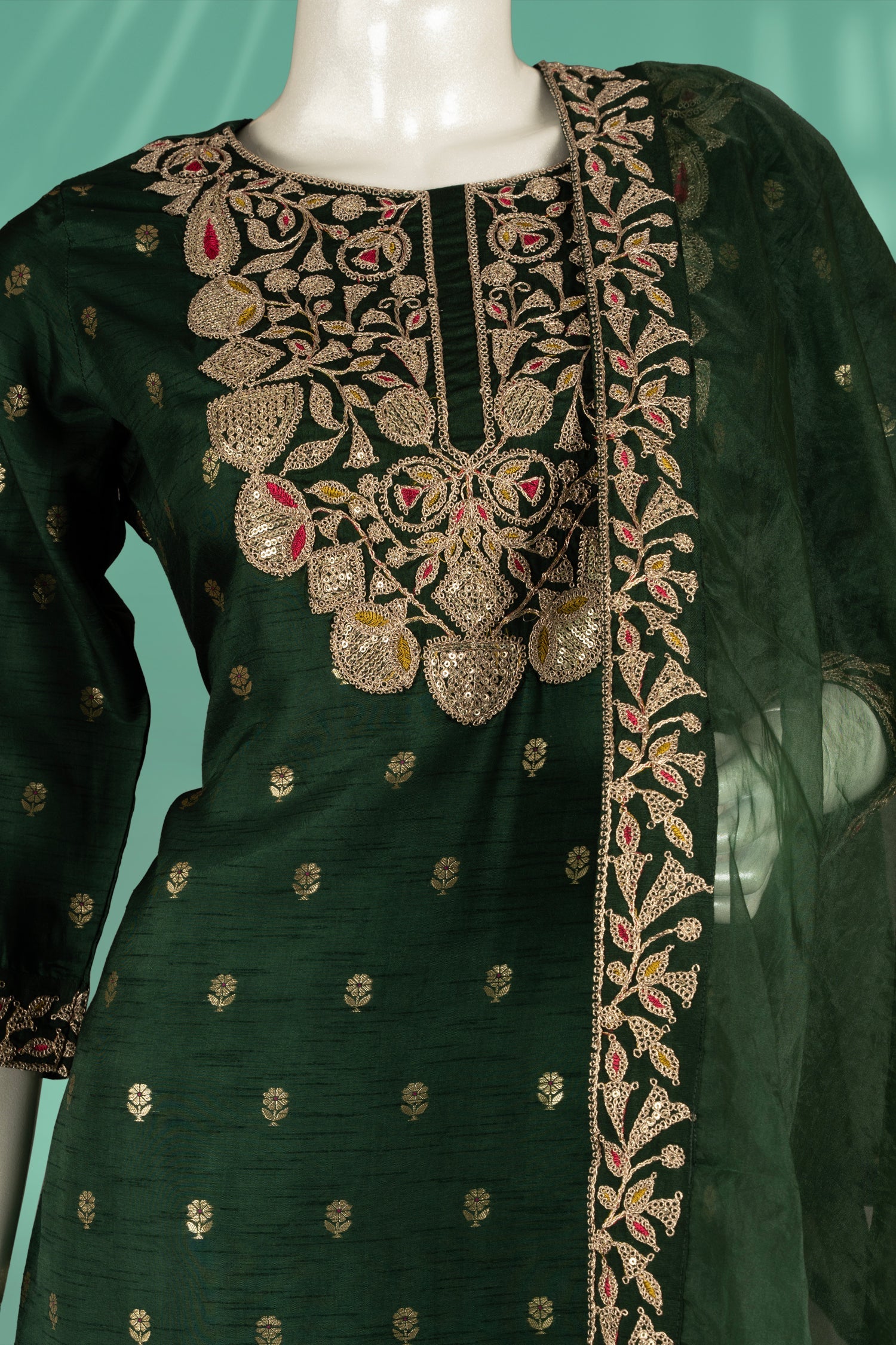 Bottle Green Colour Muslin Straight Cut Salwar Suit -Salwar Suit- Just Salwars