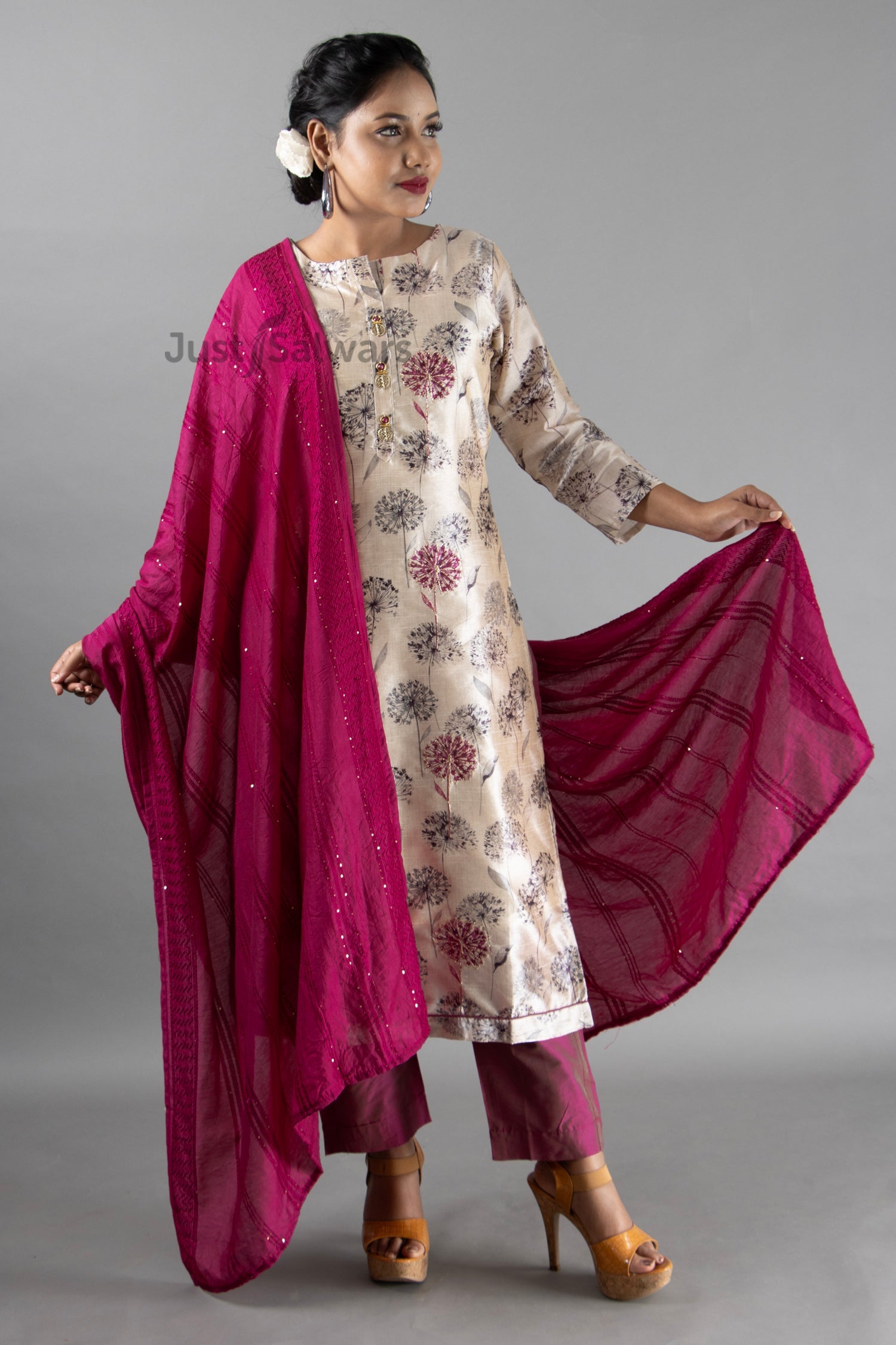 Chikoo and Pink Colour Silk Cotton Straight Cut Salwar Suit -Salwar Suit- Just Salwars