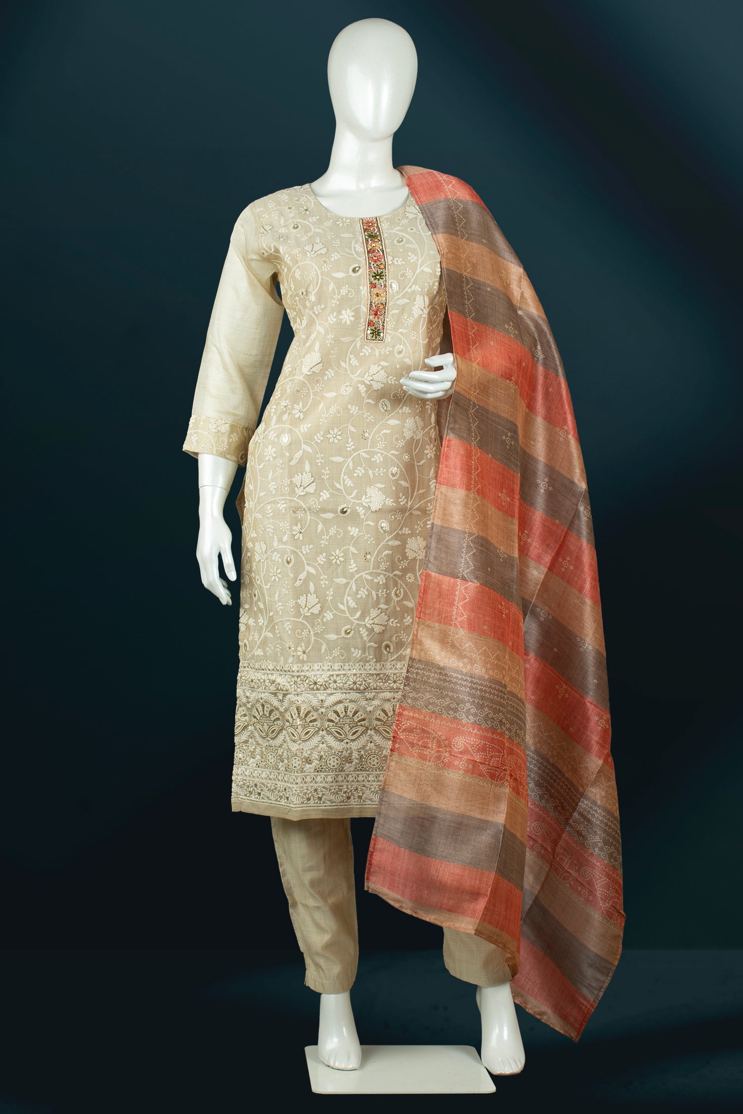 Chikoo Colour Heavy Threadwork Straight Cut Salwar Suit -Salwar Suit- Just Salwars