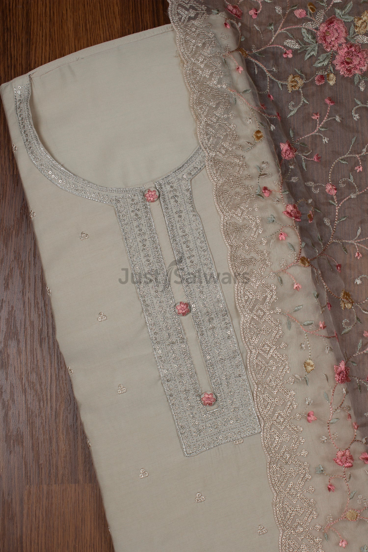 Chikoo Colour Muslin Dress Material with Net Dupatta -Dress Material- Just Salwars