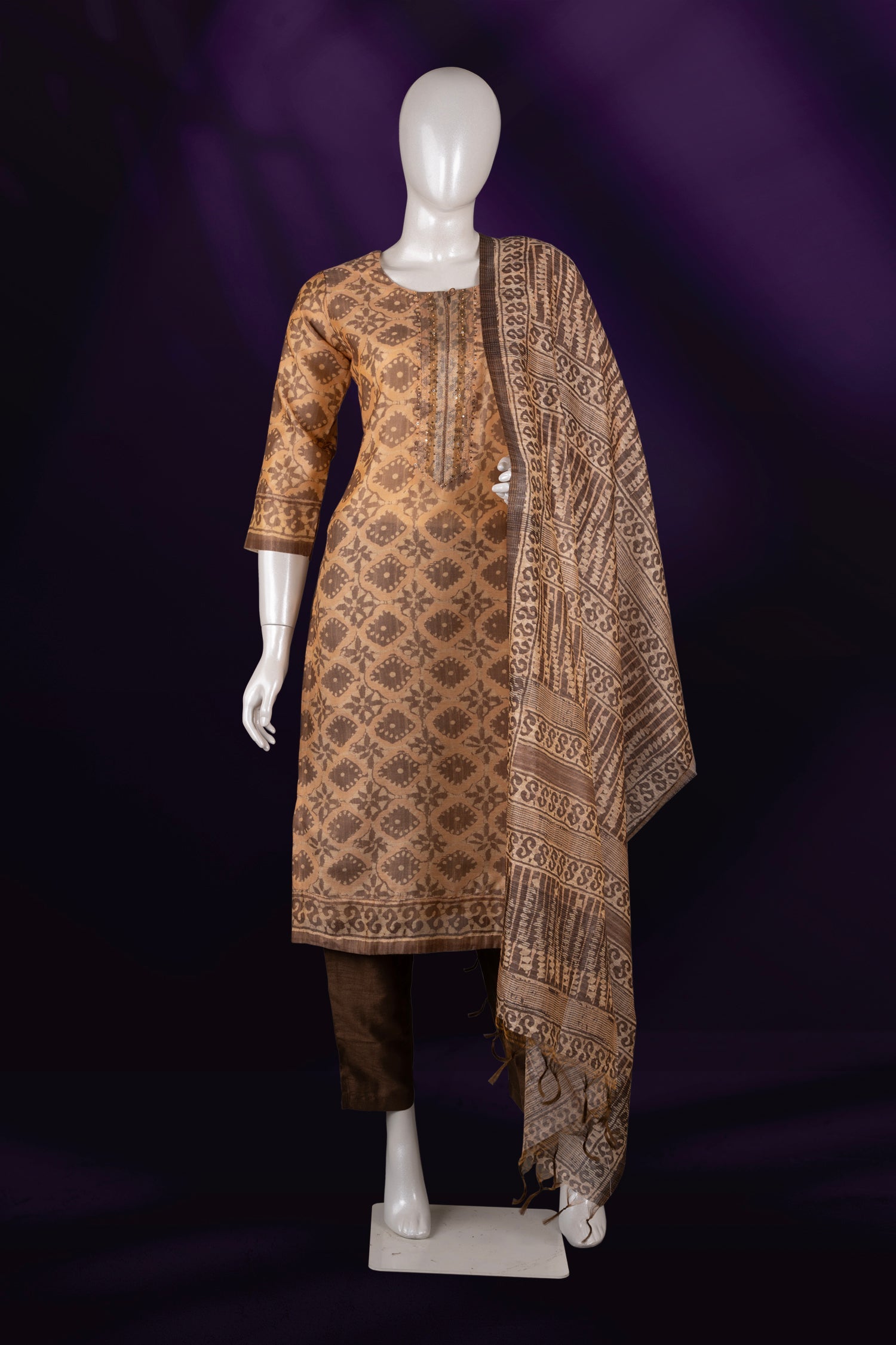 Chikoo Colour Tussar Silk Straight Cut Salwar Suit -Salwar Suit- Just Salwars